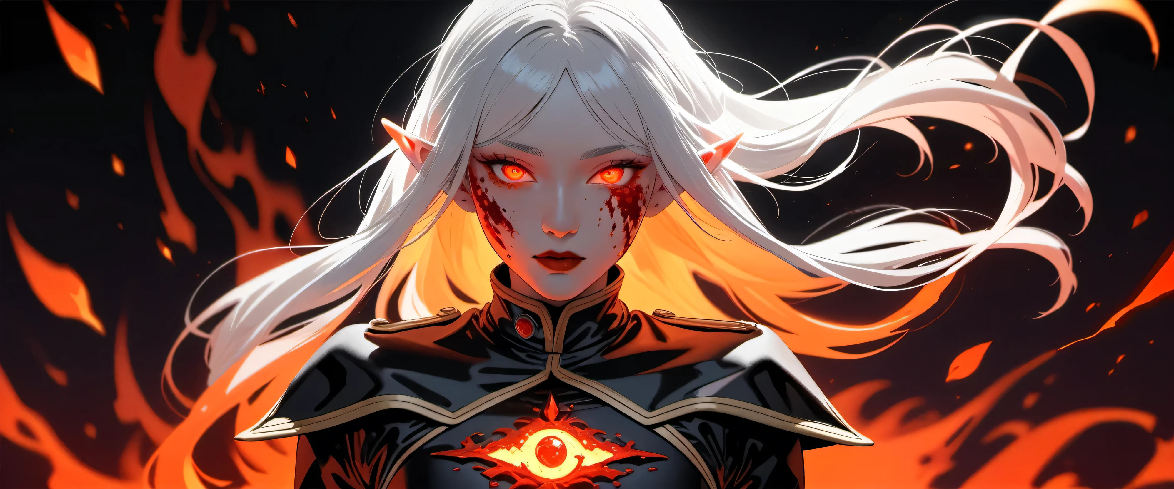 Frieren, Frieren and the Journey to the Afterlife elf girl, flowing hair, white hair, florest, red lips, looking at viewer,  detailed iris, detailed eyes, ((glowing eyes)), burn injury glowing red on her face, flaming eye, made of ([red and black]:c colors,highly detailed, 8k, sharp, professional, clear, high contrast, high saturated, , vivid deep blacks, crystal clear, (focus eyes:, (glowing flying ember on the background), simple background, blurry background, masterpiece, best quality