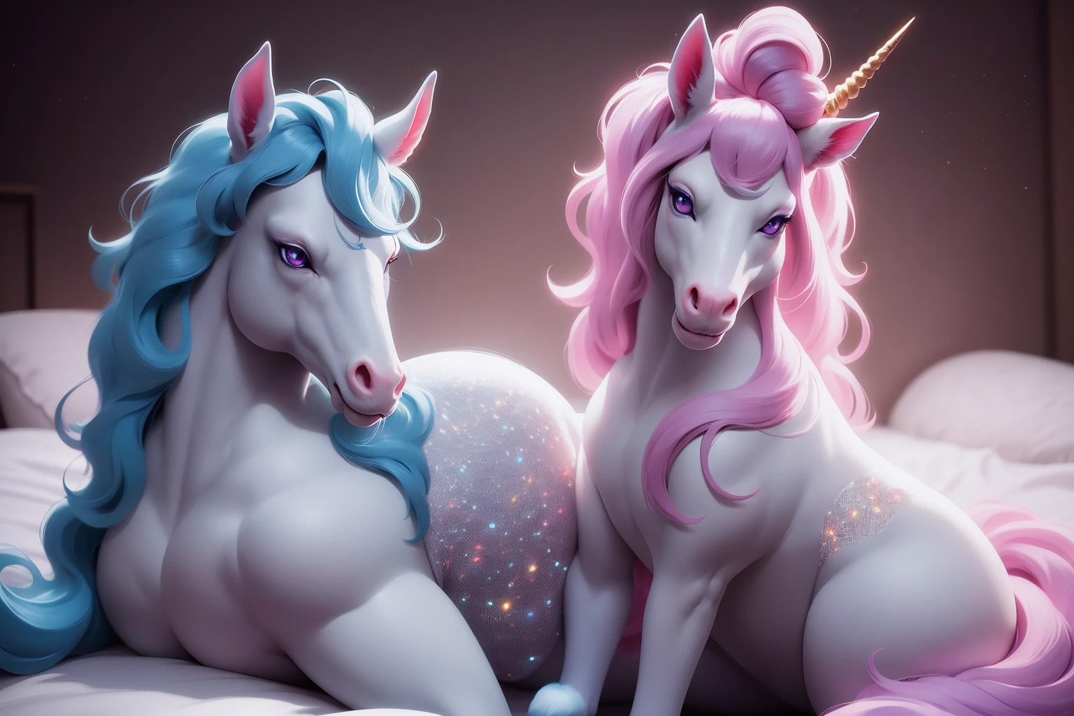 {-erro_de_anatomia:1.0} There is a white unicorn girl, blue mane and long mane, white unicorn, unicorn, unicorn horns, A unicorn, celestia, Nine stories, blue unicorn, soft dreamy, cinematic light《fangs》Unicorn in, mythological creatures, a mythical creature, Pokémon illustration, unicorns, a glaceon princess, white dress, opal eyes. Auroracore, ghostly iridescent, image good for rendering, laying in the bed, backwards, looking back. unicorn girl, full body.