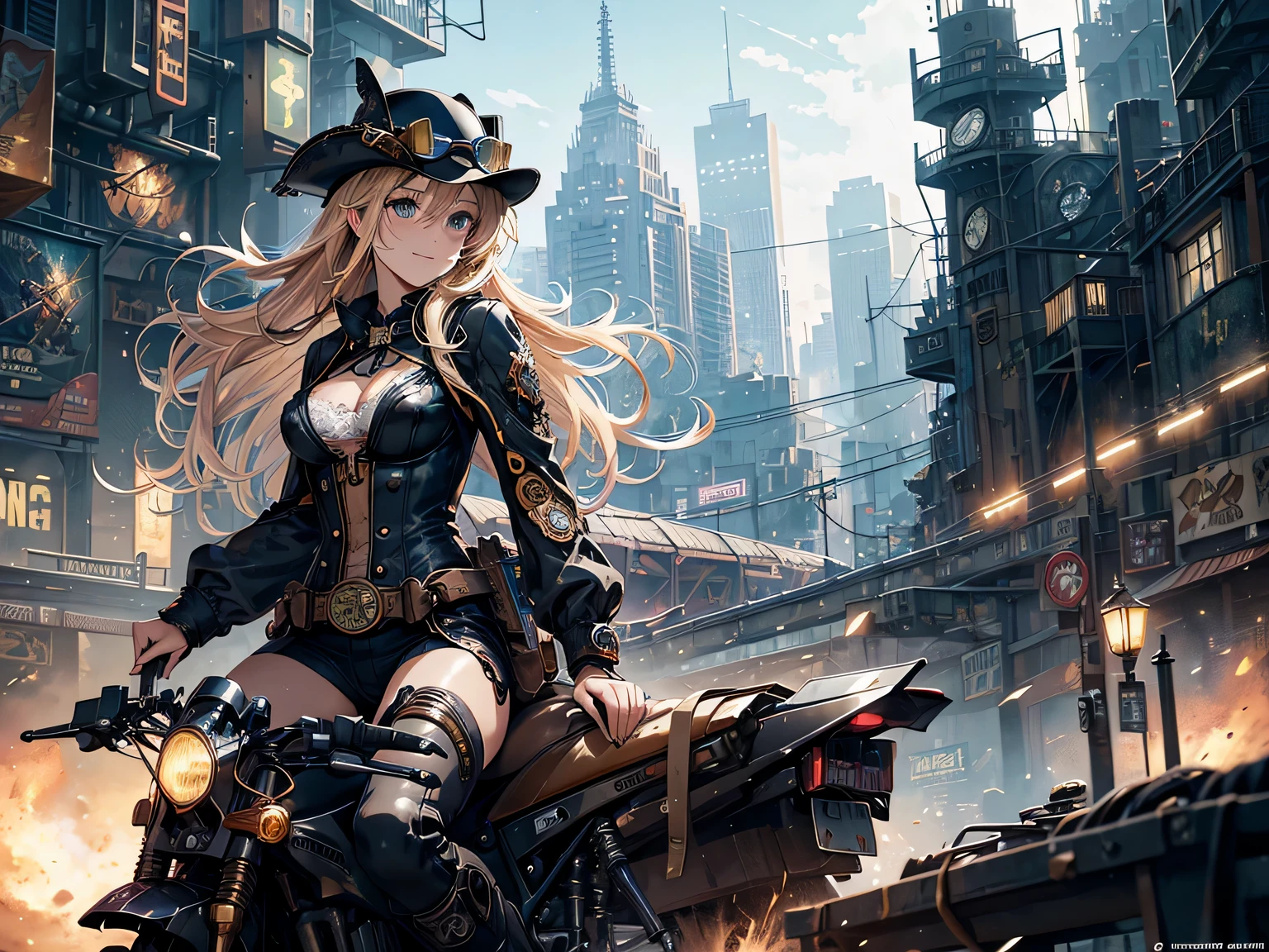 (comic book style),(line drawing_anime),(cowboy shot, highest quality, ),(Laura Budd Photos:1.2),(Laura Add Details:1.0),8K, flat color:0.8,1 girl,smile、(Steampunk bike ride 1.5)、Exquisitely decorated motorcycle、(Highly decorative and complex mechanical steampunk fashion, lace flare dolphin hat、goggles 1.5、machinery background、Gear background、Intricately mechanized steampunk cityscape 1.5),