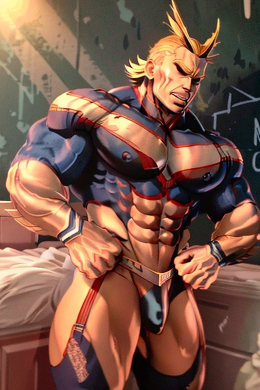 a very muscular man wearing a thong lingerie,bra,lace,fishnet tights,supine position,on bed,