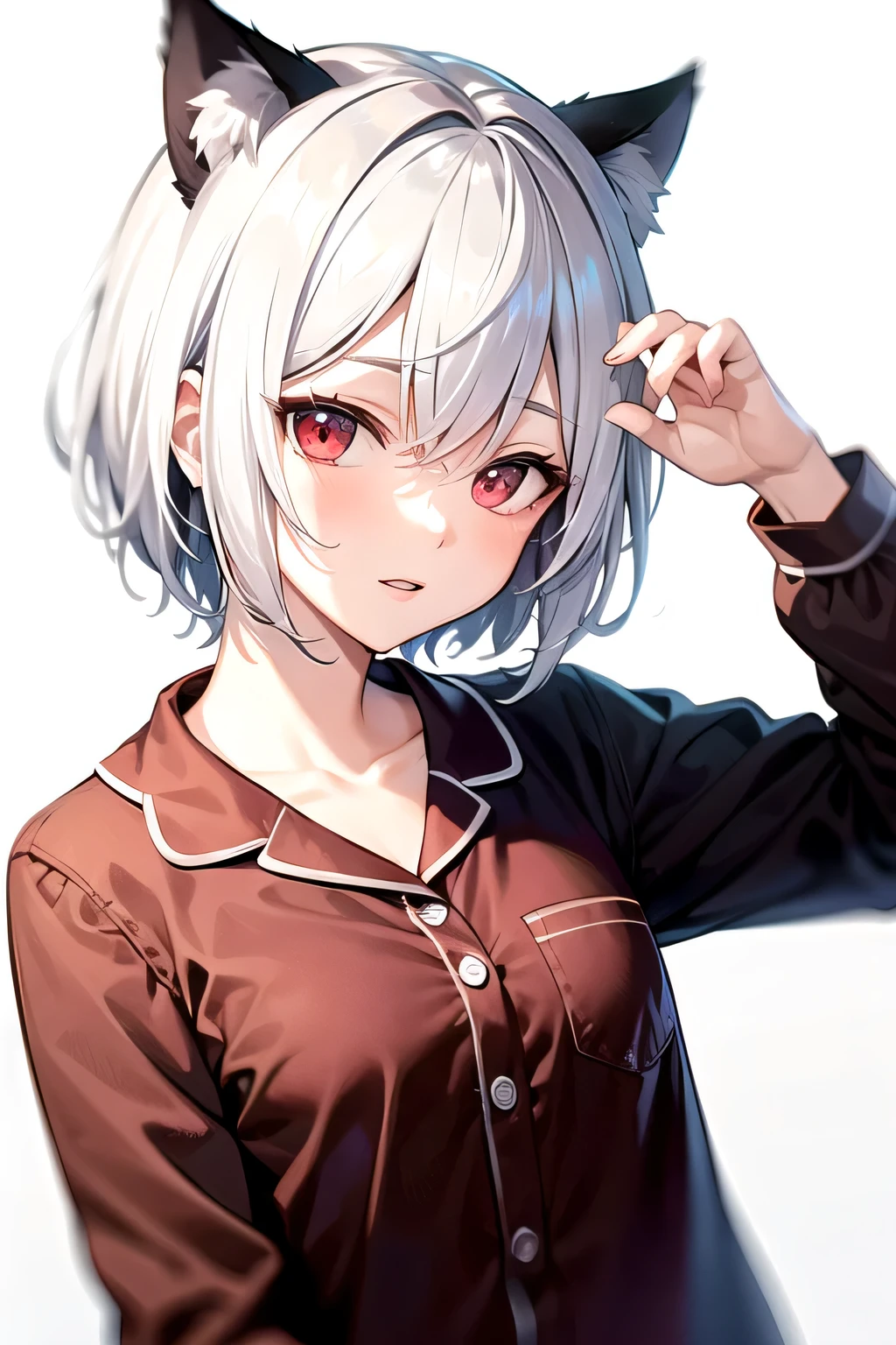 White hair, short hair, cat ears, pajama figure, red eyes, white background