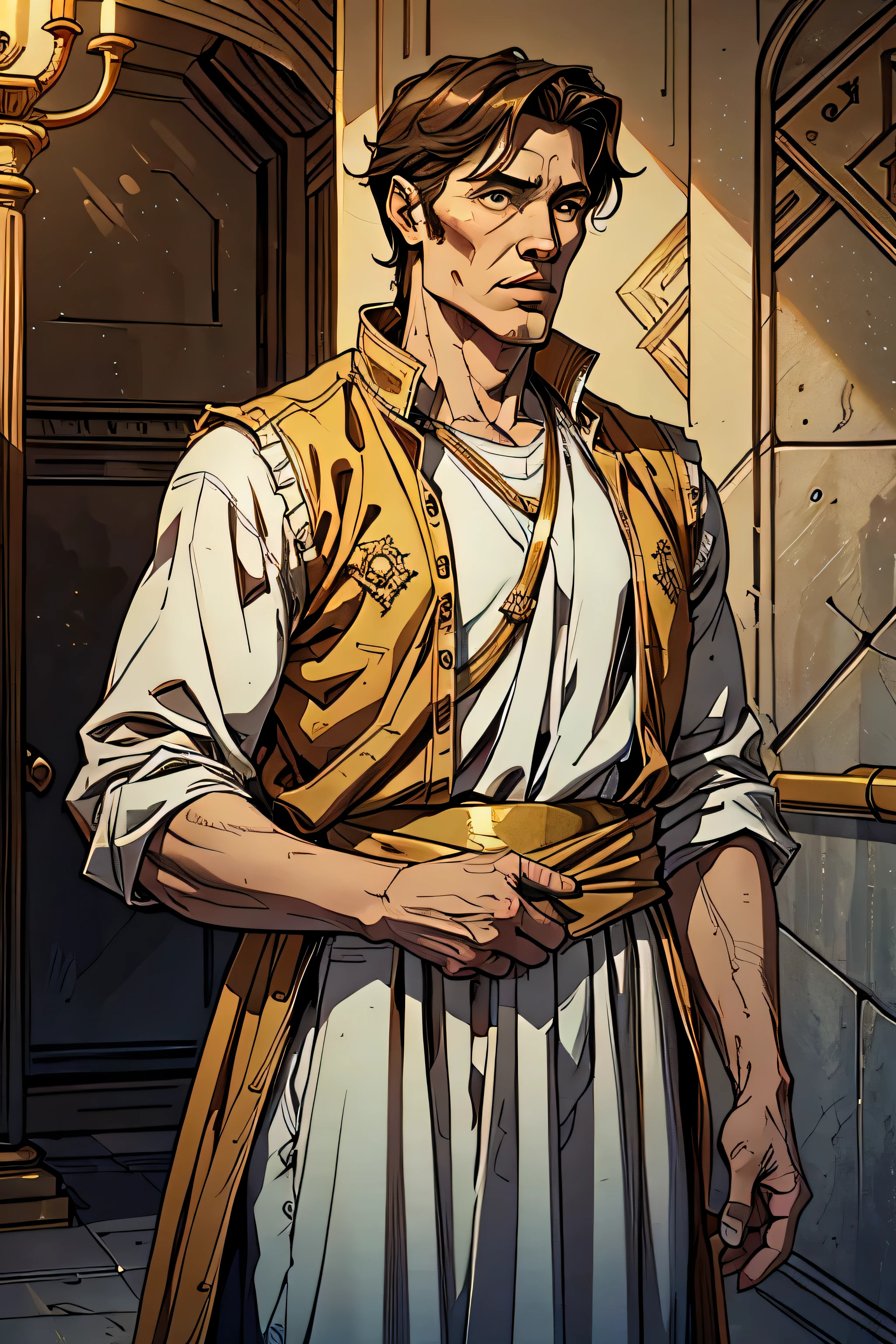 best quality image, man, king, 60 years old, short hair, wearing Hebrew style king clothes, biblical style, with nothing in his hands, standing in the throne room, biblical style