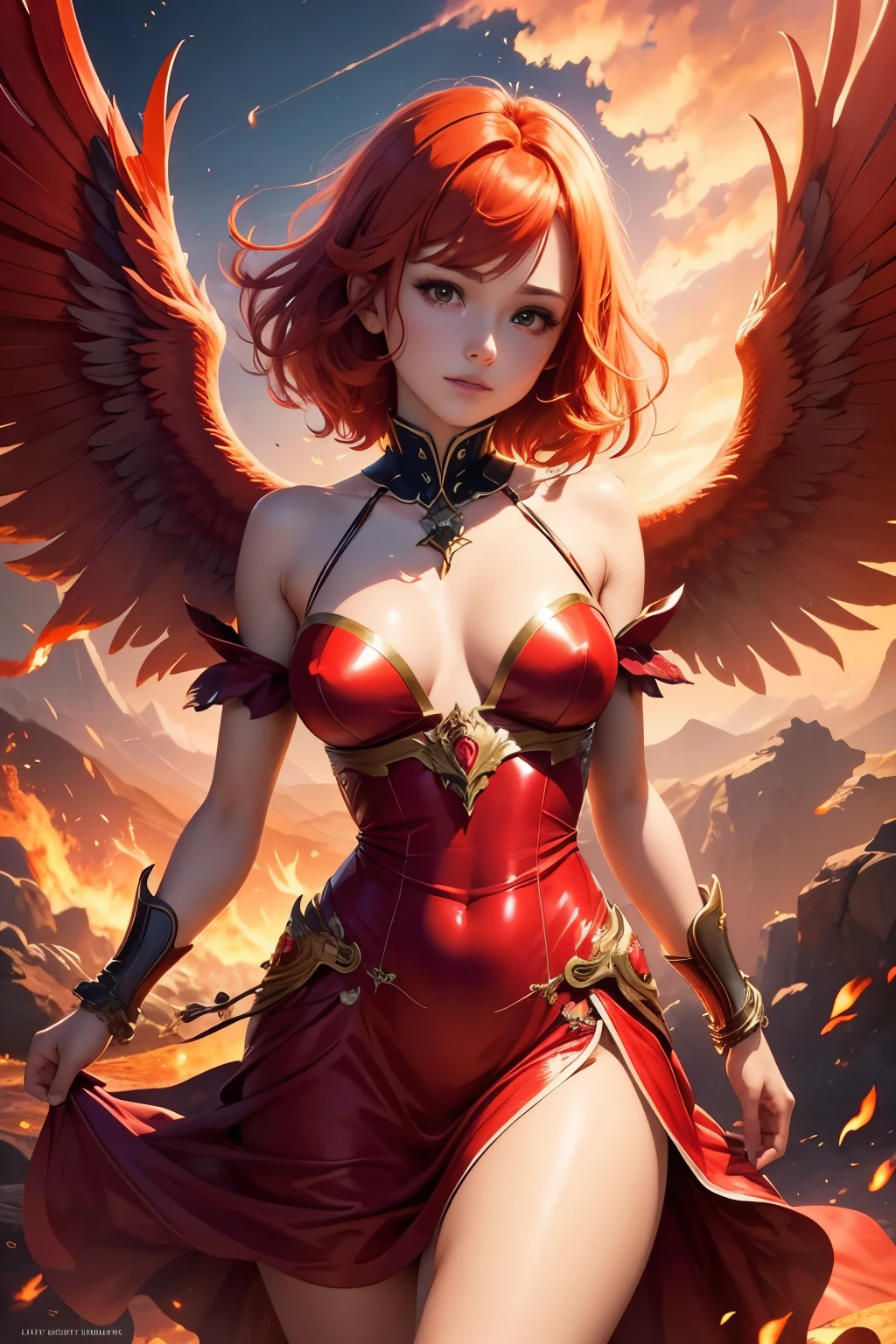 high resolution beautiful skin detailed picture pretty girl small breasts phoenix Red hair Glittering dresses Tsubasa wings of flame sky