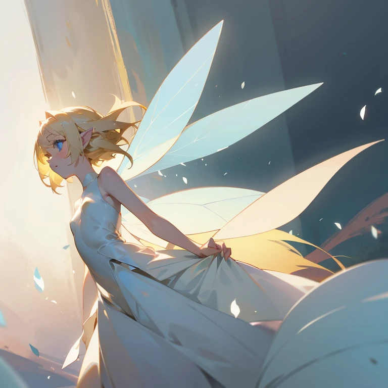 Blonde fairy girl with white dress and pale skin