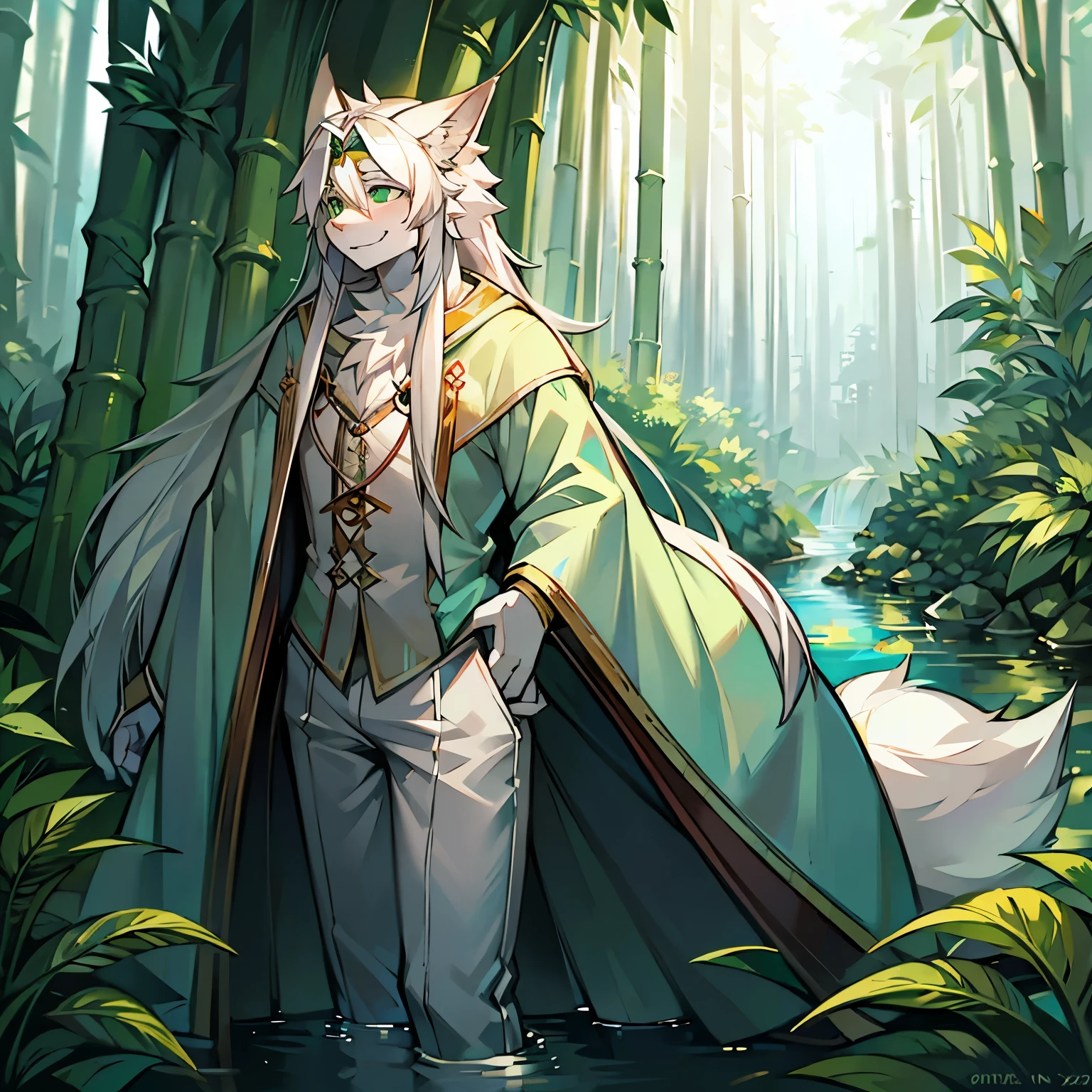 A male long-haired white fox wearing a white and green gradient robe and white pants standing by a stream in a bamboo forest