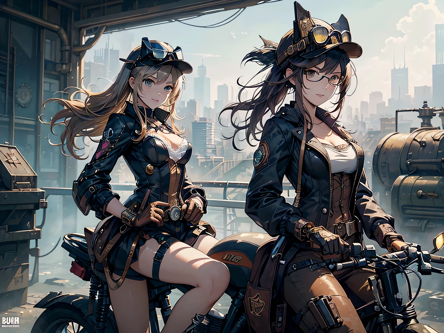 (comic book style),(line drawing_anime),(cowboy shot, highest quality, ),(Laura Budd Photos:1.2),(Laura Add Details:1.0),8K, flat color:0.8,1 girl,smile、(Steampunk bike ride 1.5)、Exquisitely decorated motorcycle、(Highly decorative and complex mechanical steampunk fashion, lace flare dolphin hat、goggles 1.5、machinery background、Gear background、Intricately mechanized steampunk cityscape 1.5),