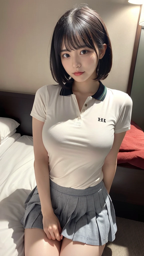 muste piece, best quality, illustration, Super detailed, fine details, High resolution, 8K,wall paper, perfect dynamic composition,(Details High quality, realistic depiction of eyes:1.3), (Polo shirt with collar), pleated skirt, big breasts, short bob hair、black hair color, Big Natural Color Lip, bold sexy pose, (perfect body shape), crying a little、cold gaze, Harajuku style、20 year old girl、cute type、ta、beautiful legs, hotel room, hposing Gravure Idol, Voluptuous thighs