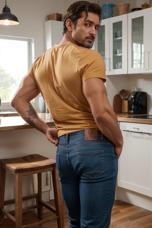 hombre de pie en la cocina, the man is 41 years old, MUSCULOSO Y ALTO. Nalgon. he wears a shirt and jeans. foto de cuerpo completo, foto casual, belleza natural, belleza natural. Backside bent over, empinado masculino