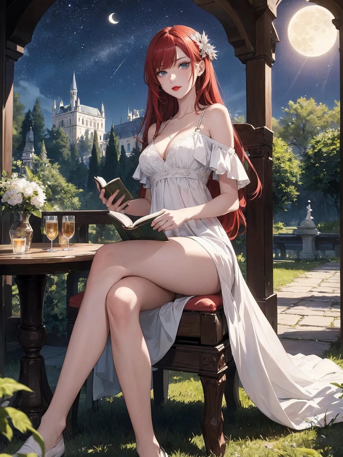 (masterpiece), best quality, expressive eyes, perfect face, 1 woman, long red hair, medium , slim waist, wide hips, blue eyes, red lips, sitting on chair, reading a book, crossed legs, put leg on leg, white sundress, cleavage, bare shoulders, outdoors, small round table with candles on it, table, grassland, river, palace in the background, moon, starry night.