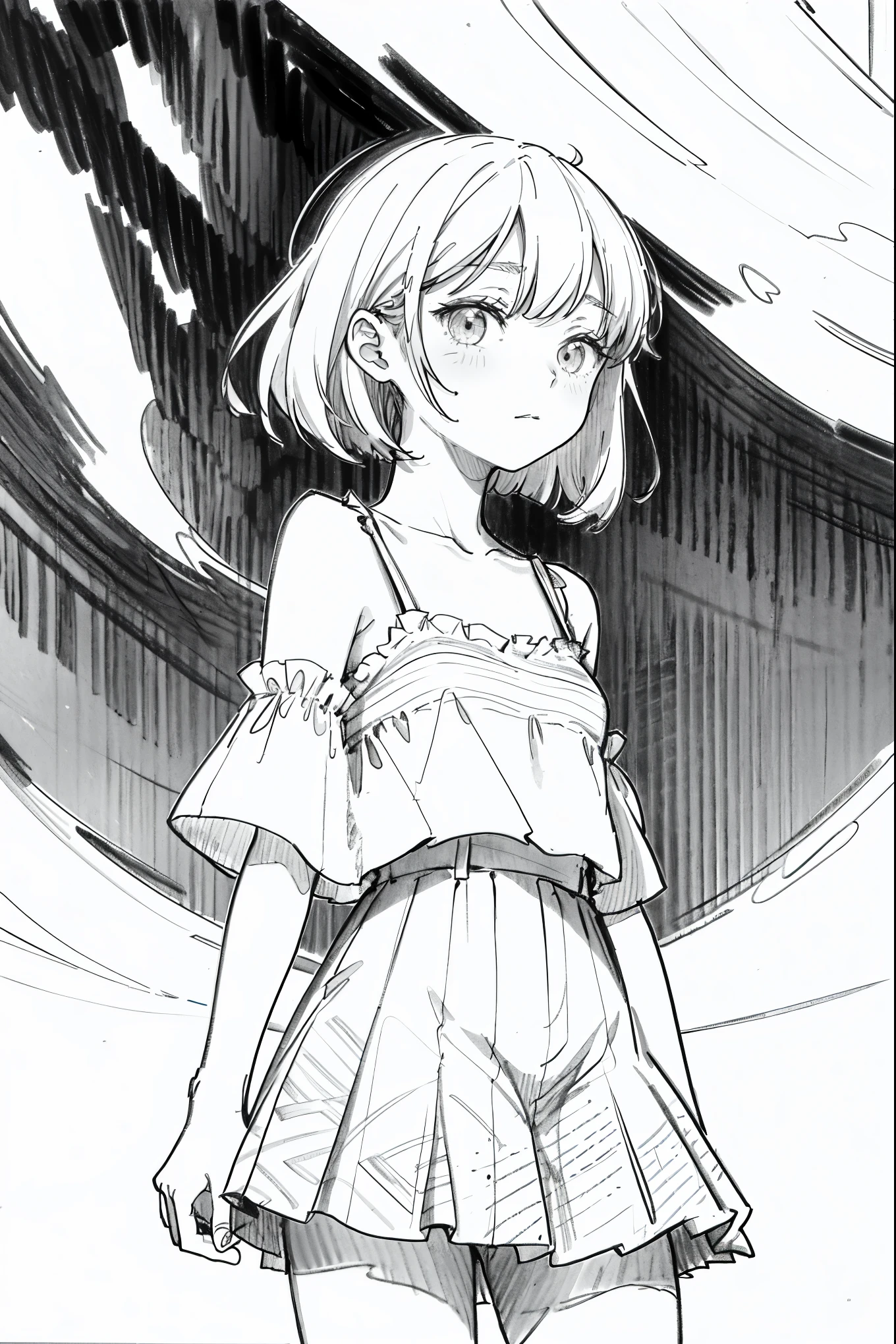 1girl,solo,Anime line art,line-drawing,monochromes,sketch,Pencil drawing,Traditional Media,1girl in, The upper part of the body,look up to,patterns,Cold background,shoulder length straight bob hair ,Delicate body、slim,thin,small breasts,flat chests,Eau、liquids、cloud、, Short sleeves, Skirt, (Cute teenage woman, Solo),Beautiful portrait、look up to、deadpan、No emotion、A dark-haired、