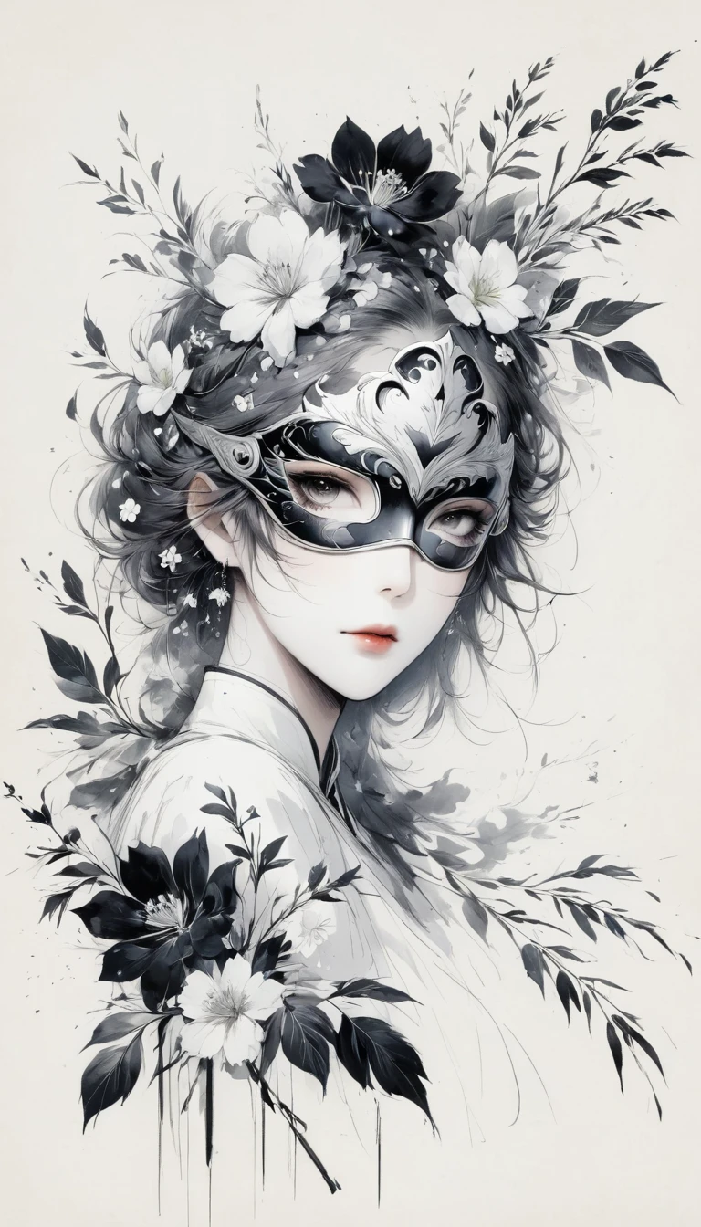 (Anime line drawing:1.5)，black and white painting，Minimalism，line art，sketch，Charcoal drawing，mask，flower