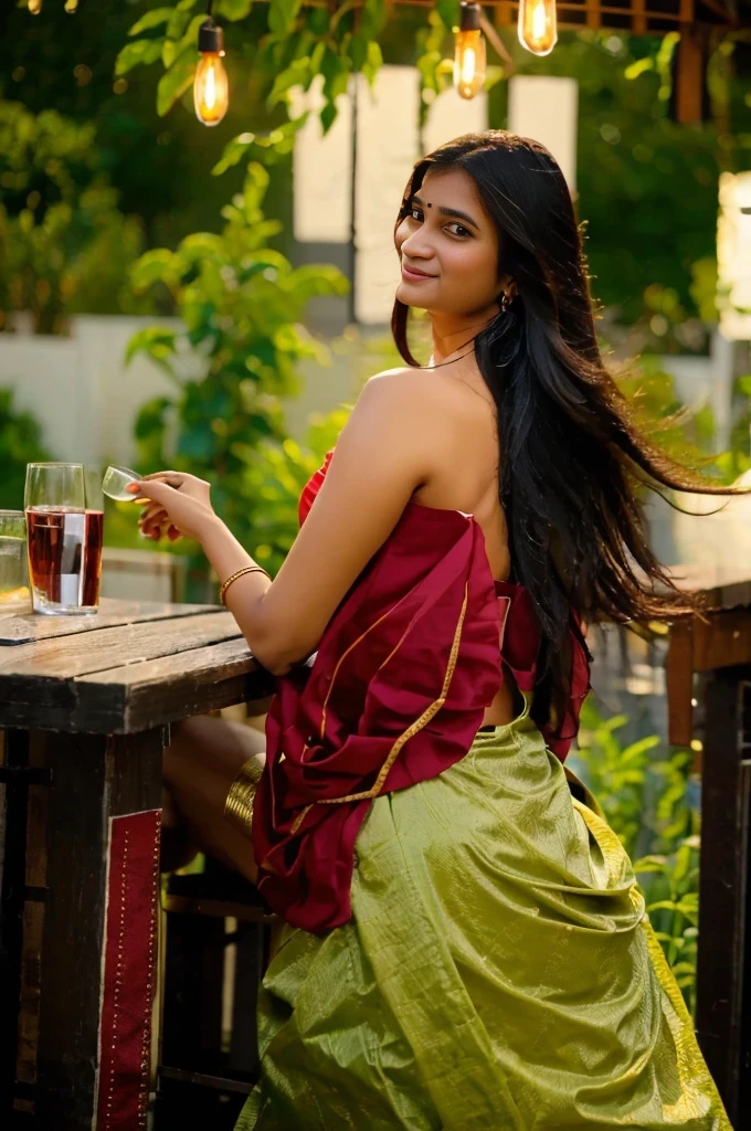 there is a woman sitting at a table with a glass of wine, with a seductive smile, indian, with lovely look, indian goddess, traditional beauty, very attractive and beautiful, with an elegant smile, about 3 5 years old, 30 years old woman, 3 0 years old woman, cute seductive smile, lovely woman, candid picture, seductive lady
