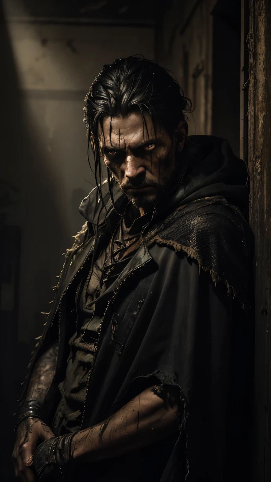(best quality,realistic,highres:1.2),A very ugly hero with torn and dirty clothings,creepy eyes,detailed facial features,shadows,gritty background,dark and moody lighting,worn-out boots,distressed garments,dramatic pose,stained cape,grim expression (horror,photography,extremely detailed:1.1),vivid colors,gritty texture,low-key lighting,horrifying creatures lurking in the background,delicately textured skin,mysterious atmosphere,dark aura,hauntingly beautiful.