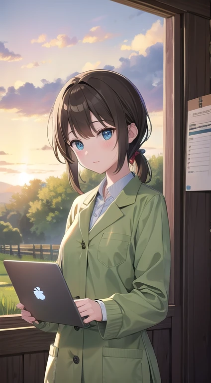 woman, Curious and loves experiments, Short light brown hair, Green's bright and curious gaze, Active body type, Laptop and farm equipment, A combination of a lab coat and casual farm work clothes