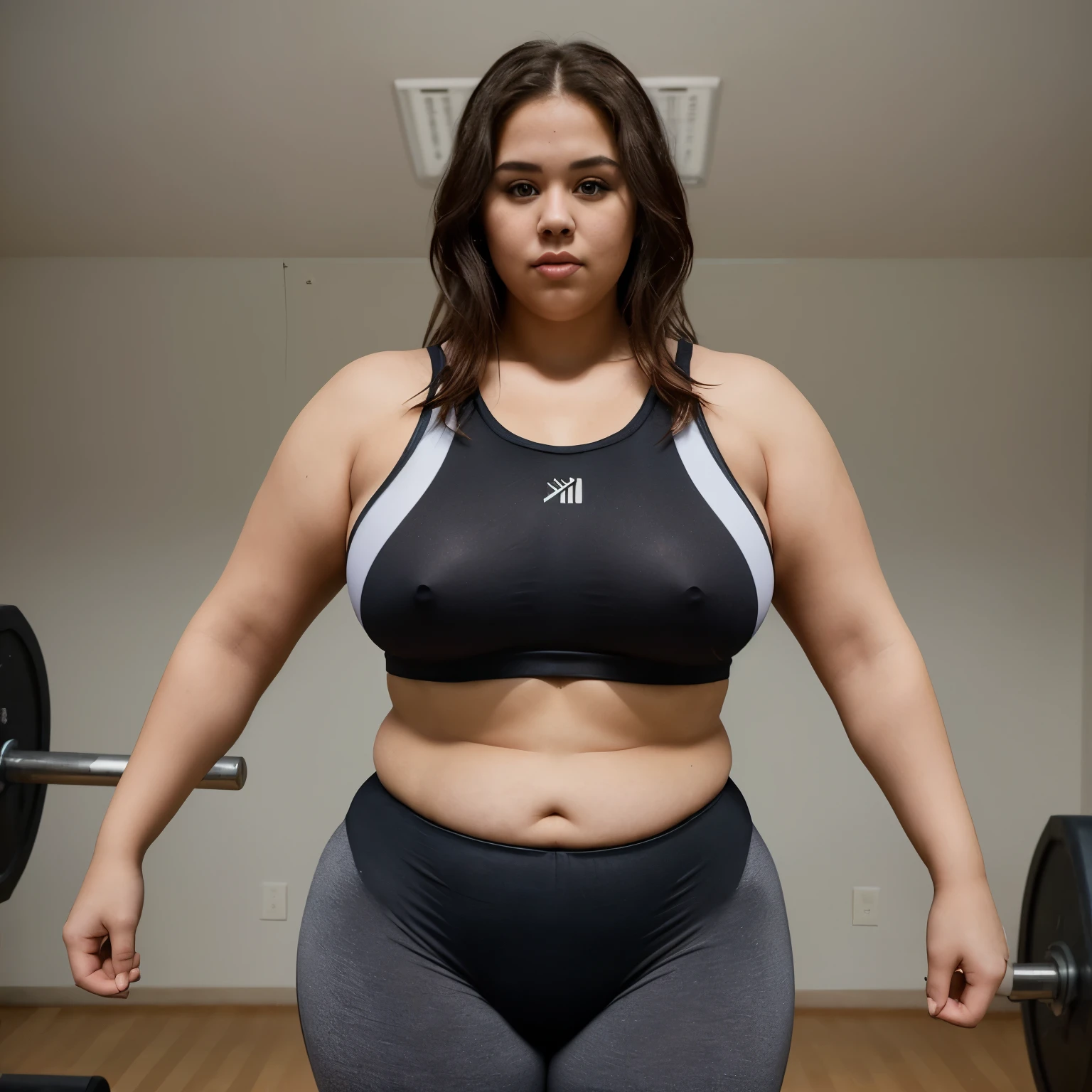 "Generate an image of a woman with a diverse body, representing a variety of shapes and sizes. This woman has a corpulent appearance and is dressed in gym attire."