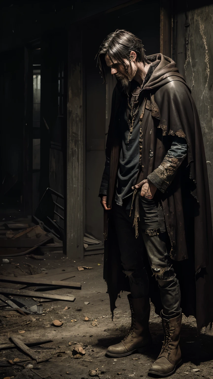 (best quality,realistic,highres:1.2),A very ugly hero with torn and dirty clothings,creepy eyes,detailed facial features,shadows,gritty background,dark and moody lighting,worn-out boots,distressed garments,dramatic pose,stained cape,grim expression (horror,photography,extremely detailed:1.1),vivid colors,gritty texture,low-key lighting,horrifying creatures lurking in the background,delicately textured skin,mysterious atmosphere,dark aura,hauntingly beautiful.