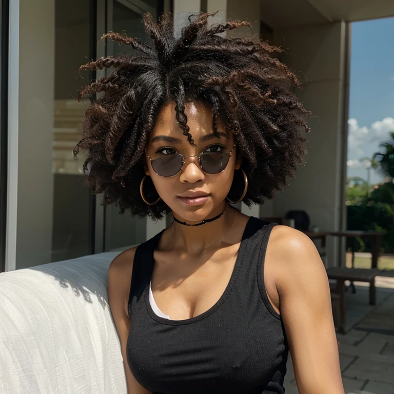 Black woman with white tank top and afro hair anime