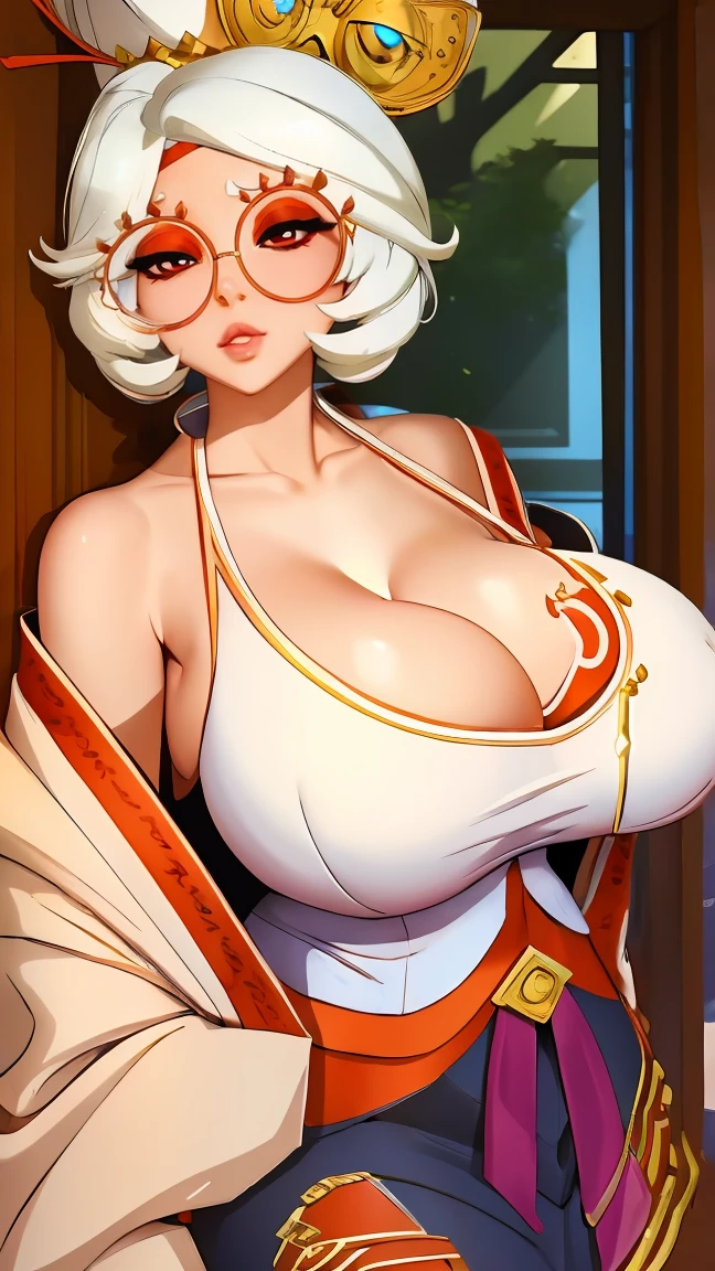 ((masterpiece)), ((best quality)), (detailed), perfect, solo, purah, gorgeous woman with cleavage, luscious lips, white hair, huge breast, deep cleavage, huge breasts, sexy,