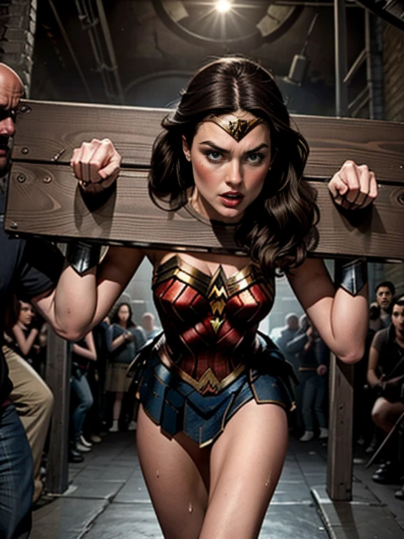 Foto hiperrealista en primer plano de Willa Fitzgerald, Create dystopian masterpiece, beautiful woman, (wonder woman costume) , long hair, detailed face, ((fear)), photo taken from a distance, (((violent men:1.2))), (((restrained and pilloried by the crowd:1.2))), (((serious))), (((tears running along her cheeks))), (pillory), (((head and hands stuck in pillory))), (((fear))), (((crowded dark basement place)))