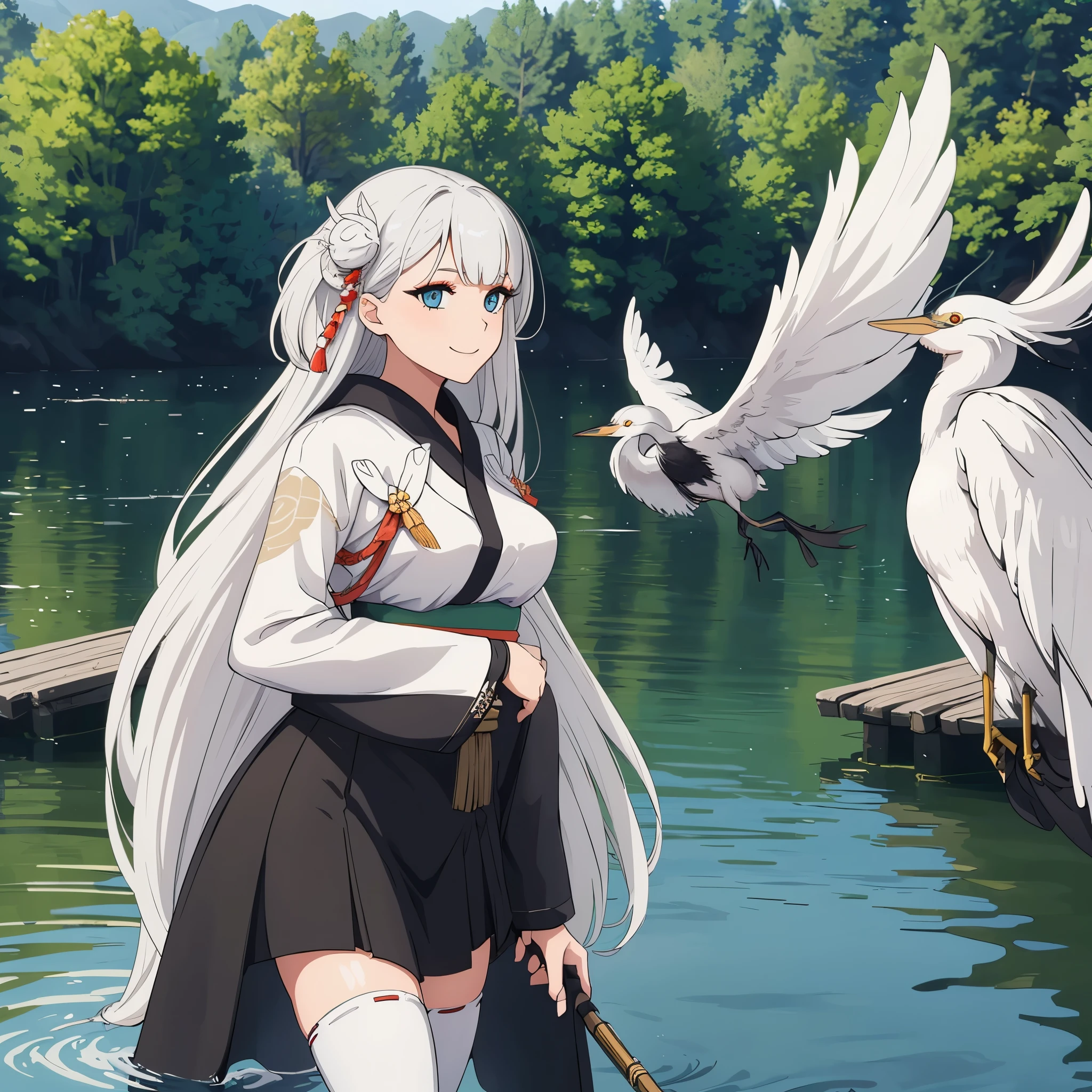 A woman wearing a personalized white kimono, black skirt, long white hair, blue eyes, smiling, on the edge of a lake with several herons, trees around, with the sun illuminating the place, leaves falling,ultra resolution, very detailed, HDR, masterpiece, 8K hd
