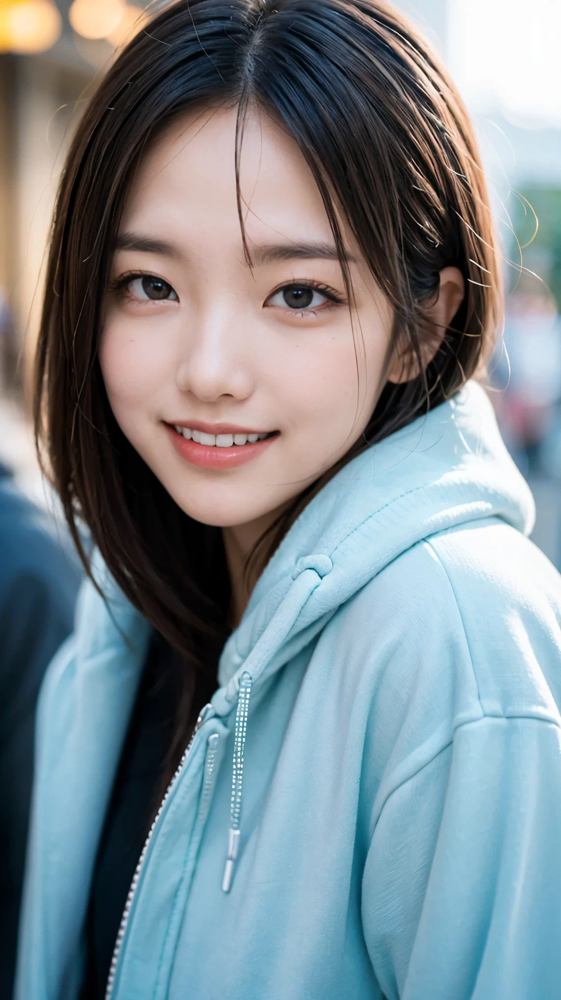 (masterpiece, highest quality, beautiful girl, cute face:1.2), (close your face:1.2), 8K, official art, Raw photo, disorganized, Wear warm clothes to go out on the town in the cold season, view audience, thin, , face light, film grain, chromatic aberration, sharp focus, A very happy smile, Showing a little teeth, dynamic lighting, cinematic lighting, face photo, upward glance