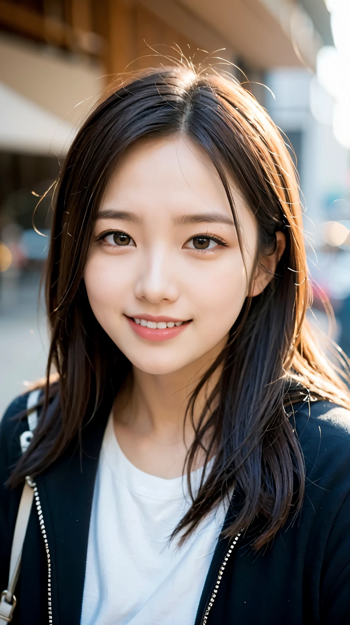 (masterpiece, highest quality, beautiful girl, cute face:1.2), (close your face:1.2), 8K, official art, Raw photo, disorganized, Wear warm clothes to go out on the town in the cold season, view audience, thin, teen, face light, film grain, chromatic aberration, sharp focus, A very happy smile, Showing a little teeth, dynamic lighting, cinematic lighting, face photo, upward glance
