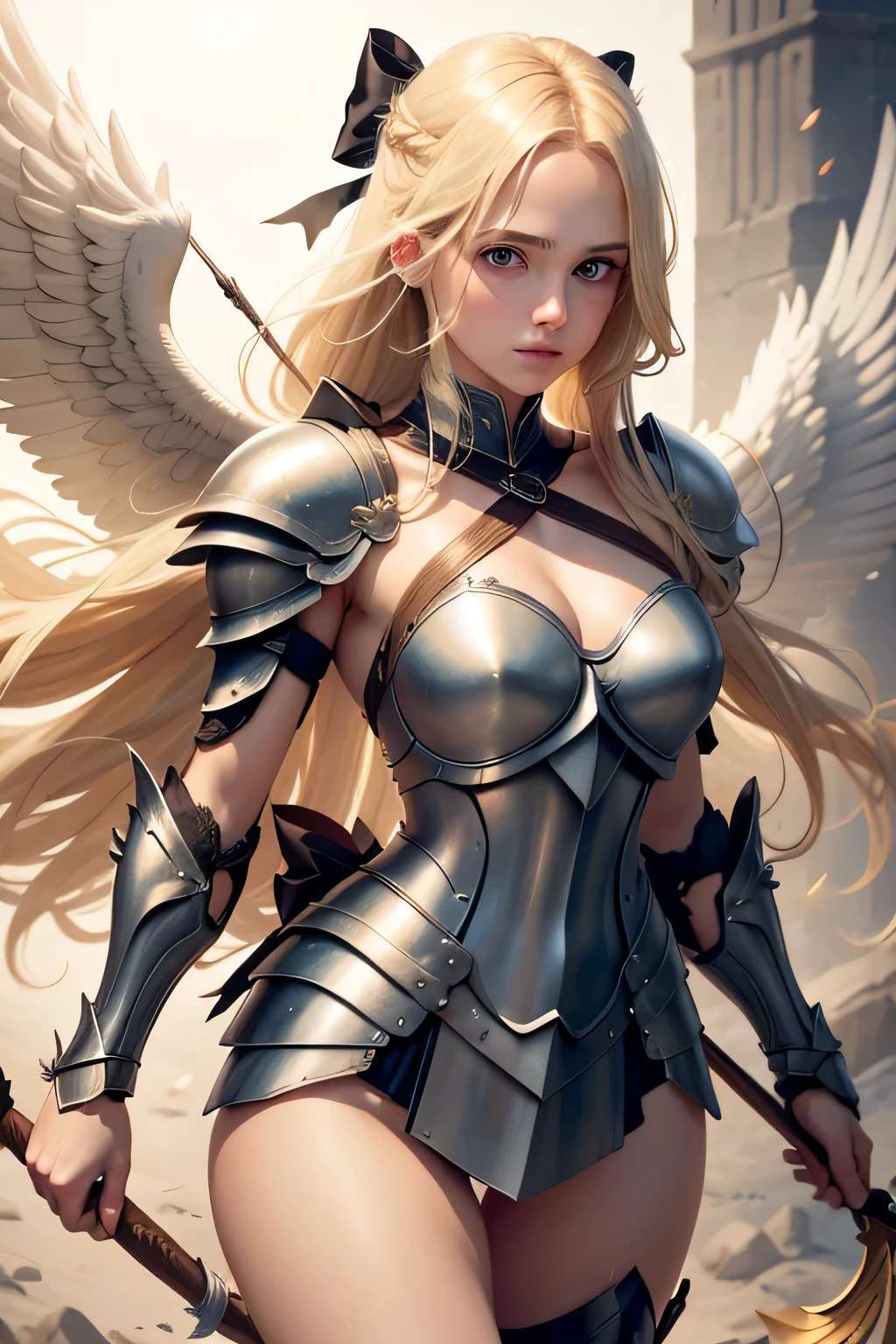 create the image of a young woman with wings on her back, long blonde hair holding a bow, Slightly muscled body covered by a battle armor holding a staff with an arrow at the tip (caracteristica valkirias)