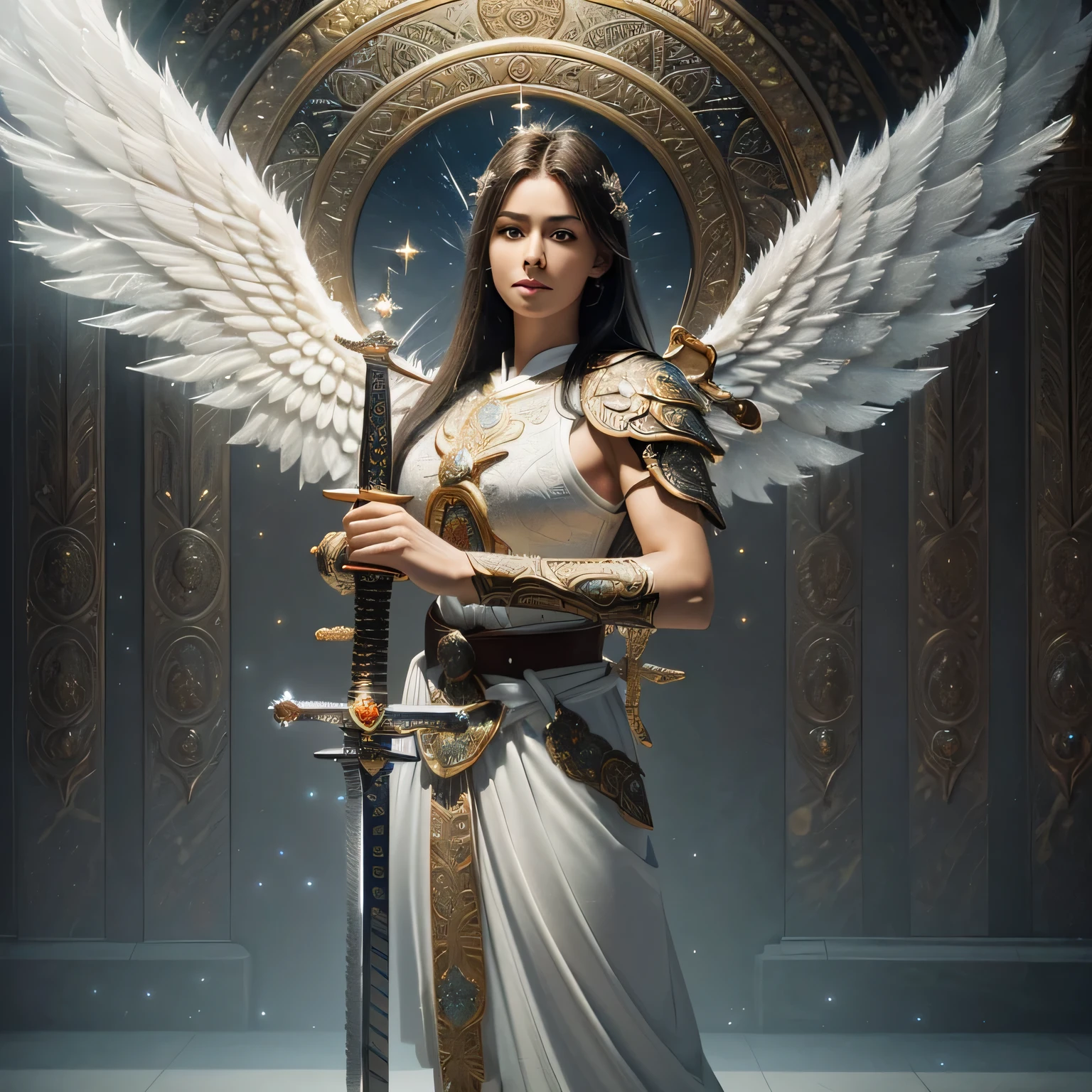 (Numerous award-winning masterpieces, with incredible detail, textures, and maximum realism), (Full-body standing image: 1.8), (Upper body up: 0.3), (Hyper-realistic: 1.4), (Realistic: 1.3), (Best quality real-texture skin), (The Celestial Warrior Angel of the Lord: 1.6), (Holds the hilt of a sacred straight sword with intricately decorated scabbard, emitting a divine, ethereal glow: 1.9), (Finely detailed, true circle symmetrical eyes), (Finely drawn, beautiful face), (Angelic a