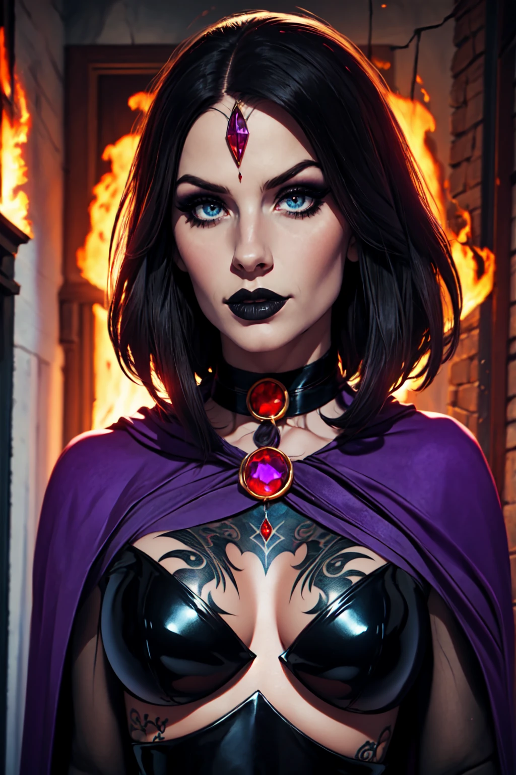 (Best Quality, 8k, Masterpiece, UHD), (Photo of Attractive Caucasian Gothic model Woman with tattoos), solo 1Girl as Raven, ((gemstone on forehead)), heavy makeup , cape, choker,very pale skin,Ultra Detailed Face, Detailed Lips, Fine Eyes, black lipstick, Fine Eyes, whole body, walking on fire