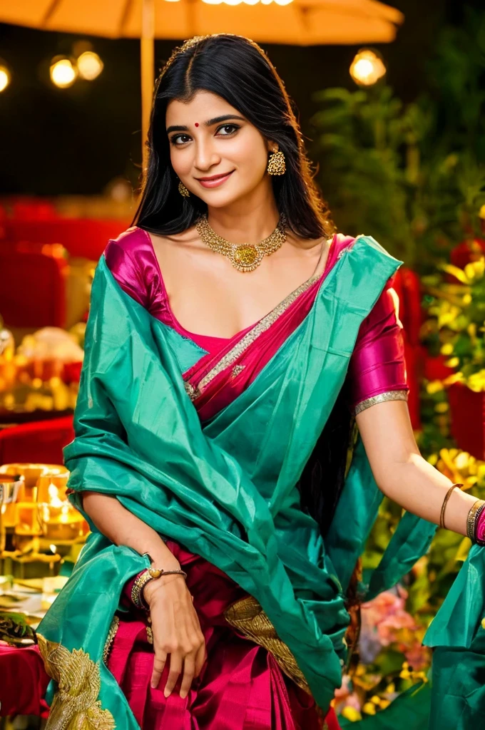 there is a woman sitting at a table with a glass of wine, with a seductive smile, indian, with lovely look, indian goddess, traditional beauty, very attractive and beautiful, with an elegant smile, about 3 5 years old, 30 years old woman, 3 0 years old woman, cute seductive smile, lovely woman, candid picture, seductive lady