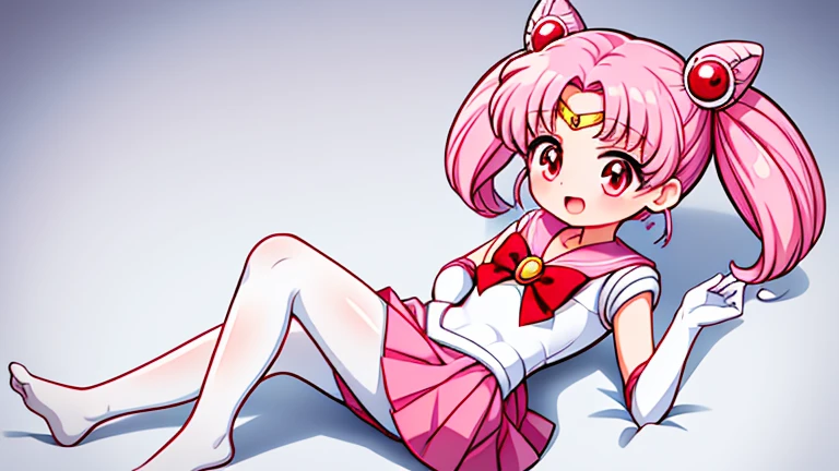 sailor moon,childhood,Young,Seven years old,Cute little loli,Pink hair twintails,red eyes,short hair,Sailor suit,bow tie,White elbow gloves,red skirt,lying down,no shoes,Open your mouth,laughing out loud,white pantyhose
