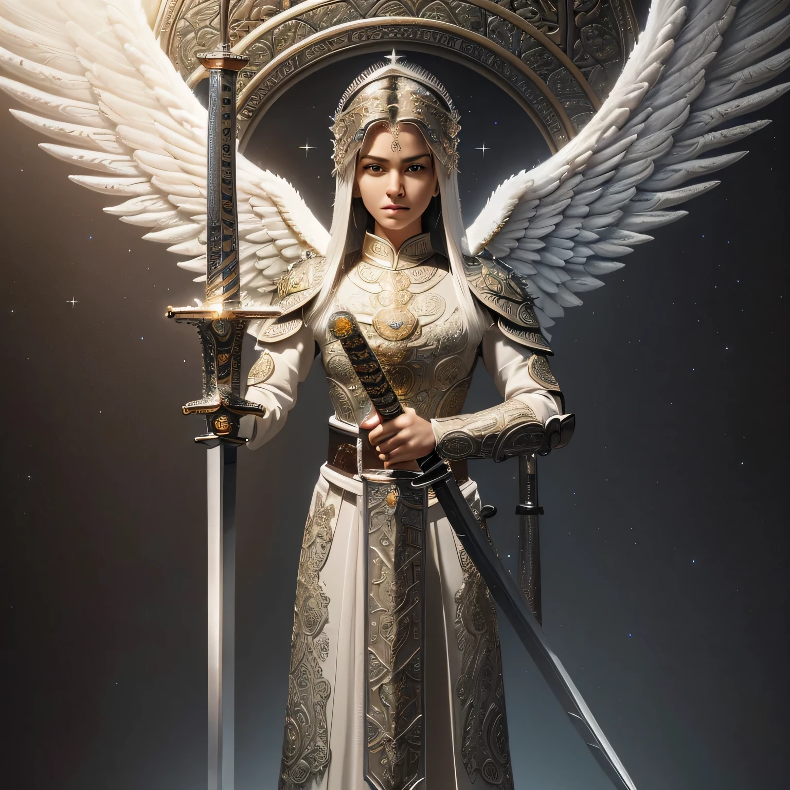 (Numerous award-winning masterpieces, with incredible detail, textures, and maximum realism), (Full-body standing image: 1.8), (Upper body up: 0.3), (Hyper-realistic: 1.4), (Realistic: 1.3), (Best quality real-texture skin), (The Celestial Warrior Angel of the Lord: 1.6), (Holds the hilt of a sacred straight sword with intricately decorated scabbard, emitting a divine, ethereal glow: 1.9), (Finely detailed, true circle symmetrical eyes), (Finely drawn, beautiful face), (Angelic a