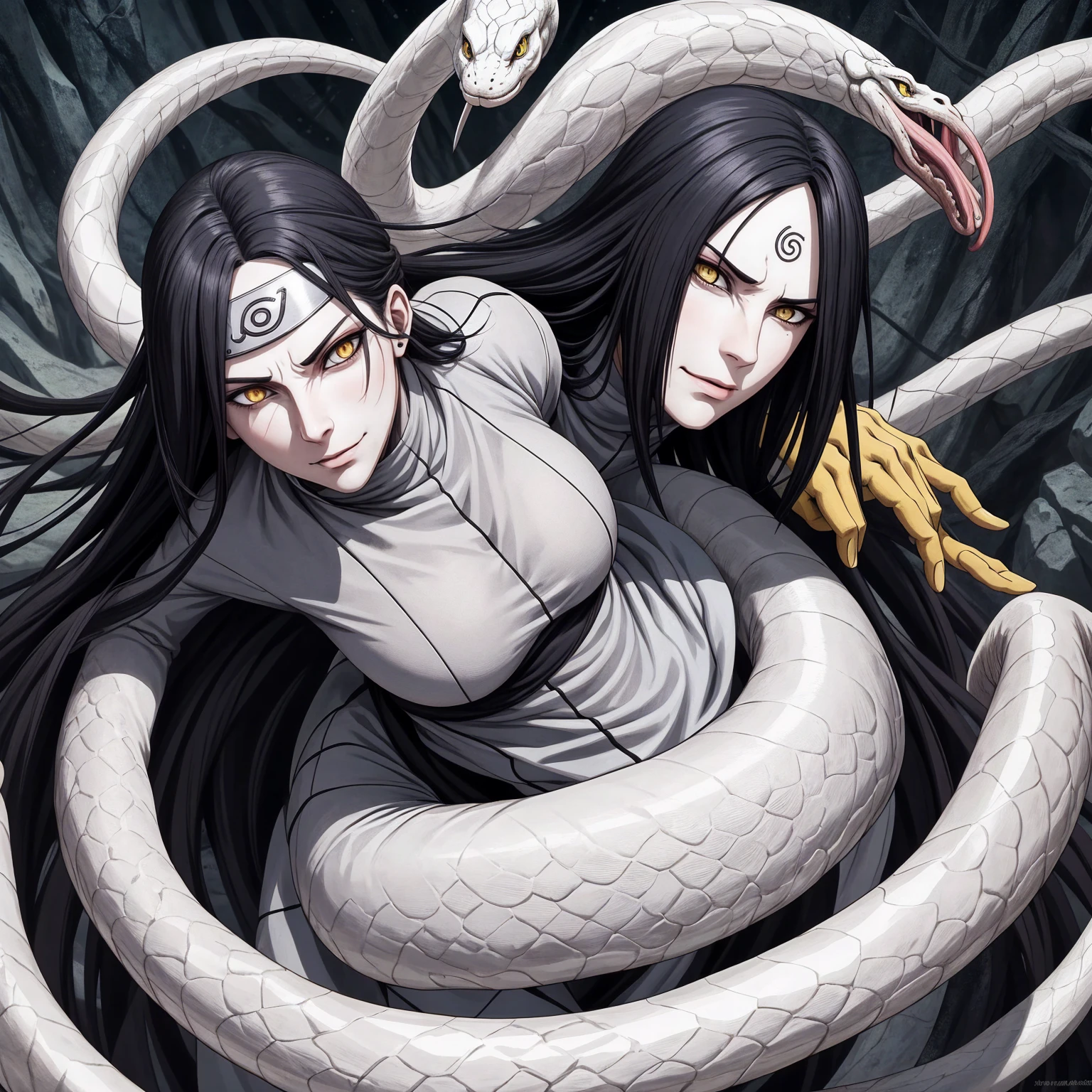 {-erro_de_anatomia:1.0} estilo anime, Masterpiece, absurdities, Orochimaru\(Naruto\), 1girl Solo, Mature woman, Oversized shirt with broad shoulders, Perfect composition, Detailed lips, large breasts, Beautiful face, body proportion, Blush, Long black hair, ( black hair), yellow eyes, Soft gauze, Super realistic, Detailed, photo shoot, Realistic faces and bodies, masterpiece, best quality, best ( white snake) illustration, hyper detailed, 1 girl, solo, glamorous, blushing, whole body,