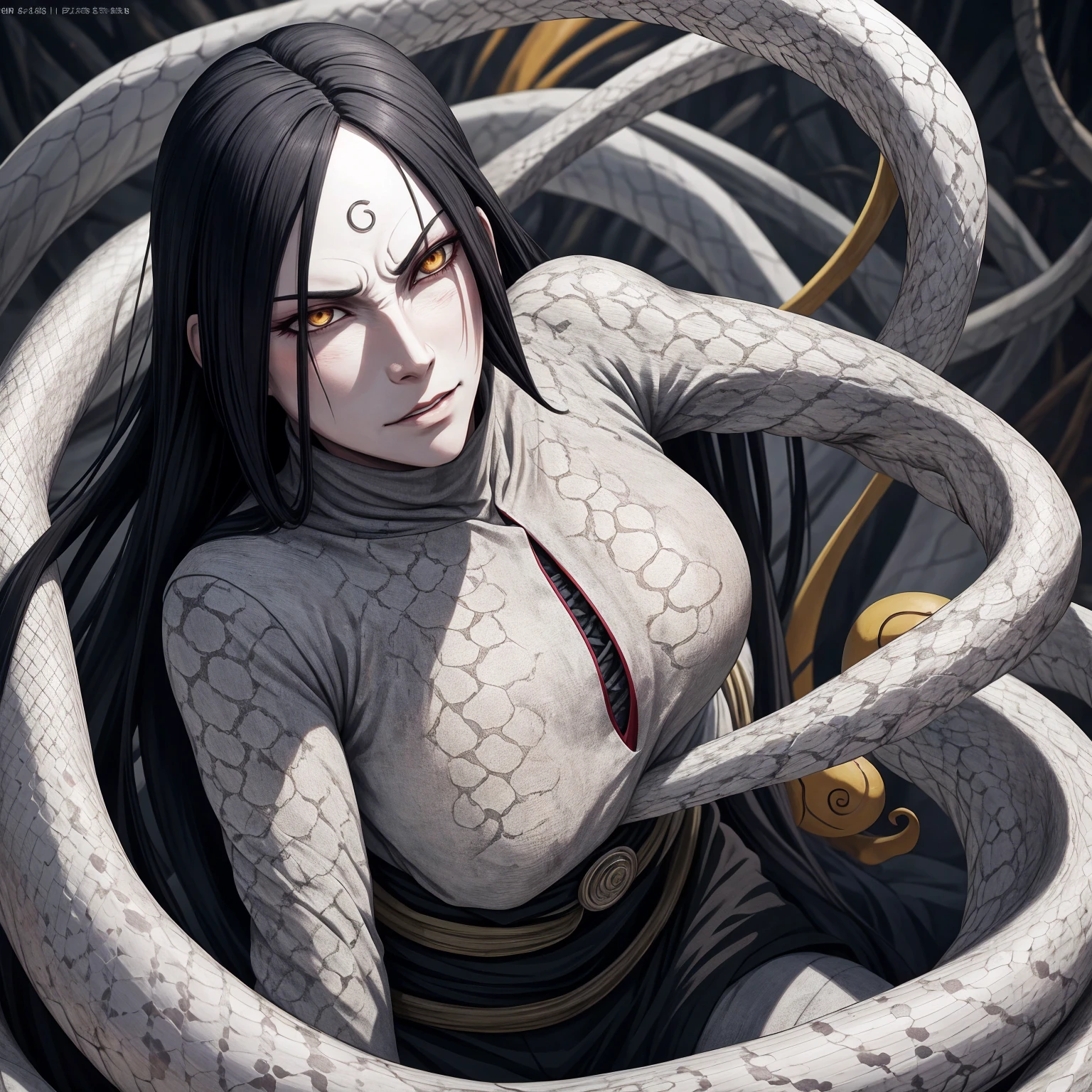 {-erro_de_anatomia:1.0} estilo anime, Masterpiece, absurdities, Orochimaru\(Naruto\), 1girl Solo, Mature woman, Oversized shirt with broad shoulders, Perfect composition, Detailed lips, large breasts, Beautiful face, body proportion, Blush, Long black hair, ( black hair), yellow eyes, Soft gauze, Super realistic, Detailed, photo shoot, Realistic faces and bodies, masterpiece, best quality, best ( white snake) illustration, hyper detailed, 1 girl, solo, glamorous, blushing, whole body, 