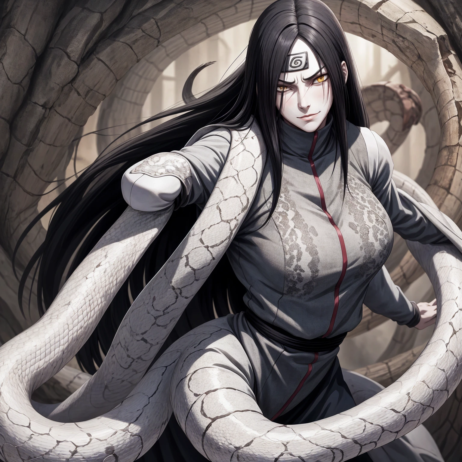 {-erro_de_anatomia:1.0} estilo anime, Masterpiece, absurdities, Orochimaru\(Naruto\), 1girl Solo, Mature woman, Oversized shirt with broad shoulders, Perfect composition, Detailed lips, large breasts, Beautiful face, body proportion, Blush, Long black hair, ( black hair), yellow eyes, Soft gauze, Super realistic, Detailed, photo shoot, Realistic faces and bodies, masterpiece, best quality, best ( white snake) illustration, hyper detailed, 1 girl, solo, glamorous, blushing, whole body, 