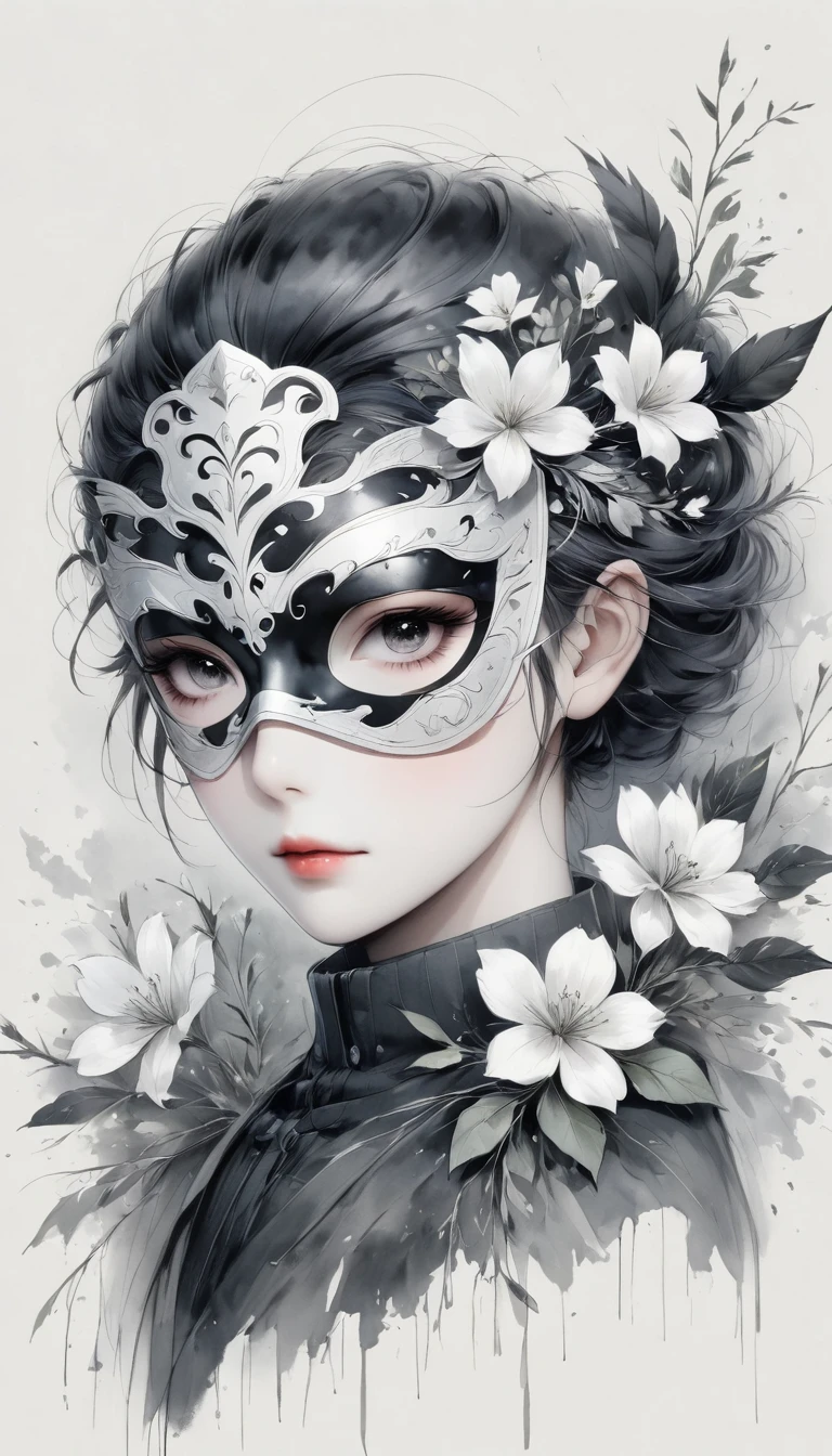(Anime line drawing:1.5),black and white painting,Minimalism,line art,sketch,Charcoal drawing,mask,flower