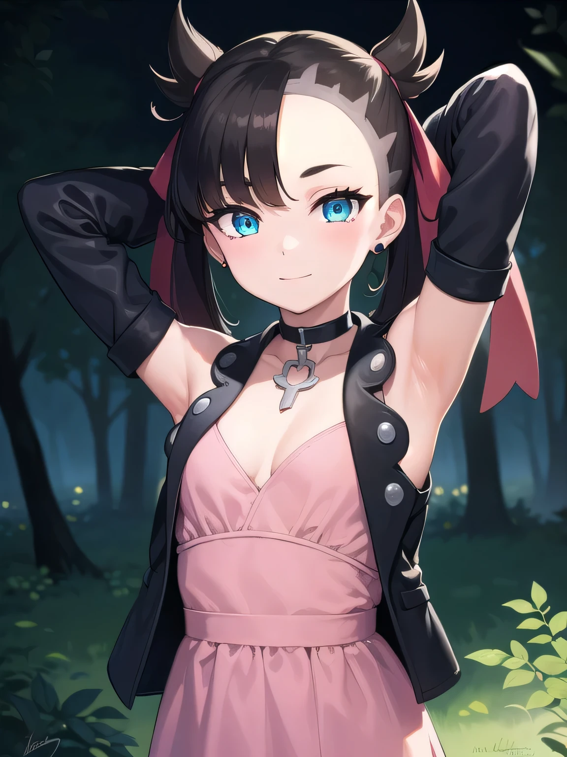 pokemonmarnie, pokemonmarnie, aqua eyes, asymmetrical bangs, asymmetrical hair, black hair, hair ribbon, long hair, red ribbon, ribbon, twintails, (small breasts:1.2),
black choker, black jacket, choker, dress, earrings, jacket, jewelry, long sleeves, open clothes, pink bag, pink dress,
ako suminoe, ascot, solo, upper body, night sky, forest, arms behind head, contrapposto, spread armpits, smile
BREAK (masterpiece:1.2), best quality, high resolution, unity 8k wallpaper, (illustration:0.8), (beautiful detailed eyes:1.6), extremely detailed face, perfect lighting, extremely detailed CG, (perfect hands, perfect anatomy),