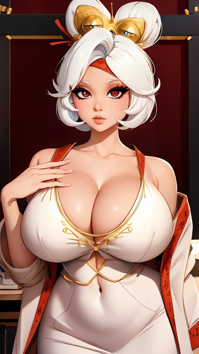 ((masterpiece)), ((best quality)), (detailed), perfect, solo, purah, gorgeous woman with cleavage, luscious lips, white hair, huge breast, deep cleavage, huge breasts, sexy,