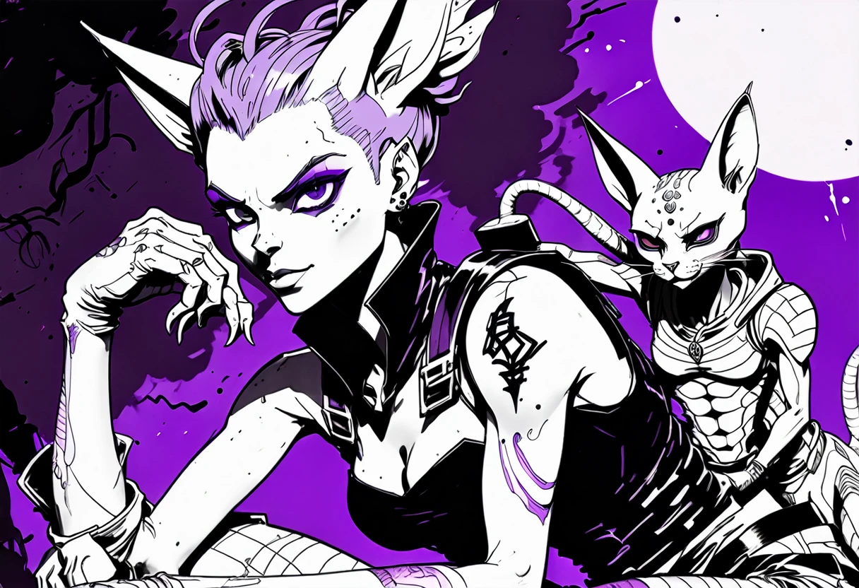 black and white, shades of gray expressive ink lines, ink line drawing, hand drawn, cel shading, anime style, Tank Girl (Australian outlaw, punk, Jamie Hewlett style reference), petting the hairless cat beerus in her lap (Dragon Ball Z purple cat), cel shading, rich color grading, depth, hyper maximal, strange, intense, nuanced, precise, bold harsh ink art style,