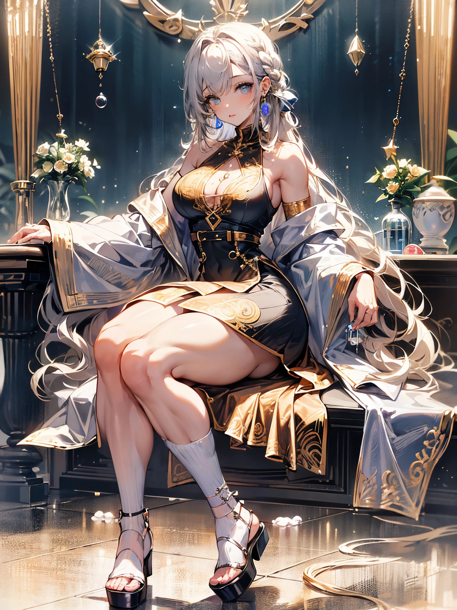1 garota, cabelo longo, cor de cabelo brilhante colorido e degrade, olhos sedutores, mysterious expression, mature appearance, vestido curto encantador, flowing dress, elegant jewelry, intricate decoration, magic symbols, shiny accessories, pergaminhos, sotaques fofos, arcos, flores, jaqueta babylook mostrando decote, ((( the girl is holding a hoop and blowing soap bubbles, fazendo bico com sua boca))), corpo inteiro, sentada de pernas cruzadas, salta alto, big ass, thick muscle coxa