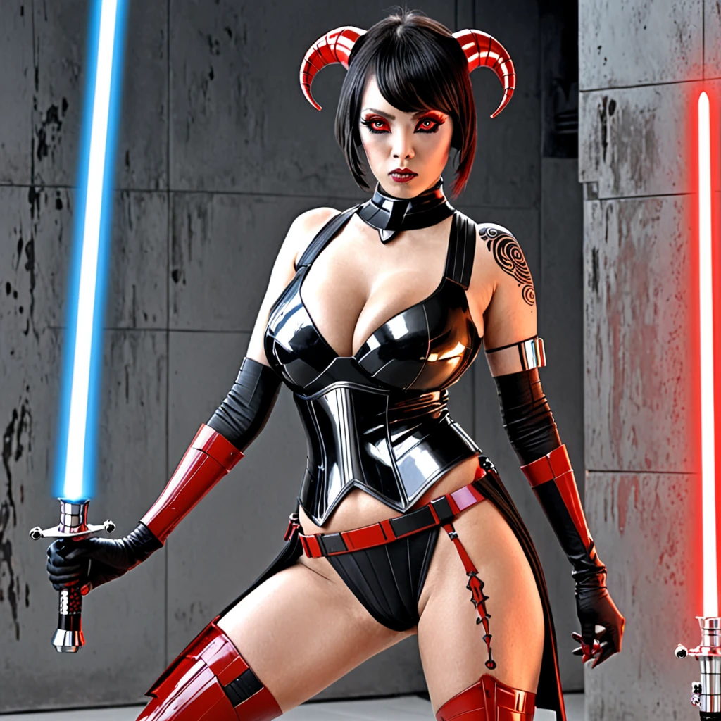 (Black and white Anime Line Art) (extreme complexity, two subjects unique and individual) (subject 1:A sexy Sith Warlord (alien, big breasts, no hair many small horns instead, blood red eyes, deep red almost black skin, many fierce orange body tattoos, small fighting costume, looks unhinged, wielding a red light saber)) is dueling with a (subject 2: Japanese Jedi woman (big butt, small breasts, sailor school outfit with scifi gadgets, short hair, big eyes, calm and composed, masterfully deflecting the sith attacker)), set in a sci-fi high technology building