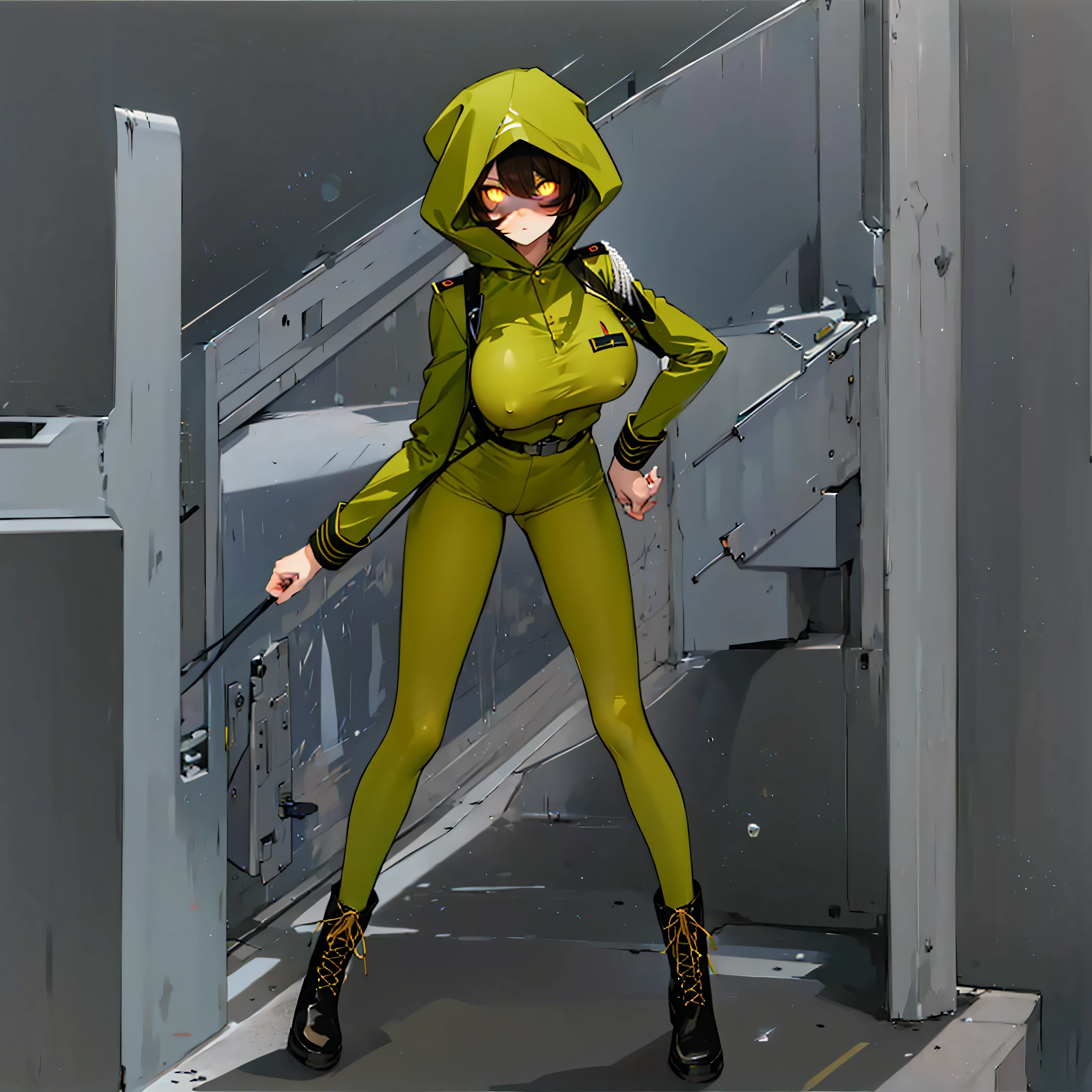 (solo cute girl standing in trench:1.3), (light brown hair:1.2) , (very long legs), (skinny long legs), (very short torso), swaying back, BREAK, (open legs:1.2), tiptoe, pigeon toed, BREAK, (bouncing unaligned large breasts:1.2), perky breasts, thin waist, BREAK, (dark brown military uniform:1.4), (hood covers face), trousers, military boots, BREAK, nose blush, looking at viewer, BREAK, (glowing golden eyes:1.6), BREAK, (wire entanglement fence in background), BREAK, (masterpiece, best quality, ultra-detailed:1.5), (nsfw:0.8), coverd erectile nipples, cameltoe