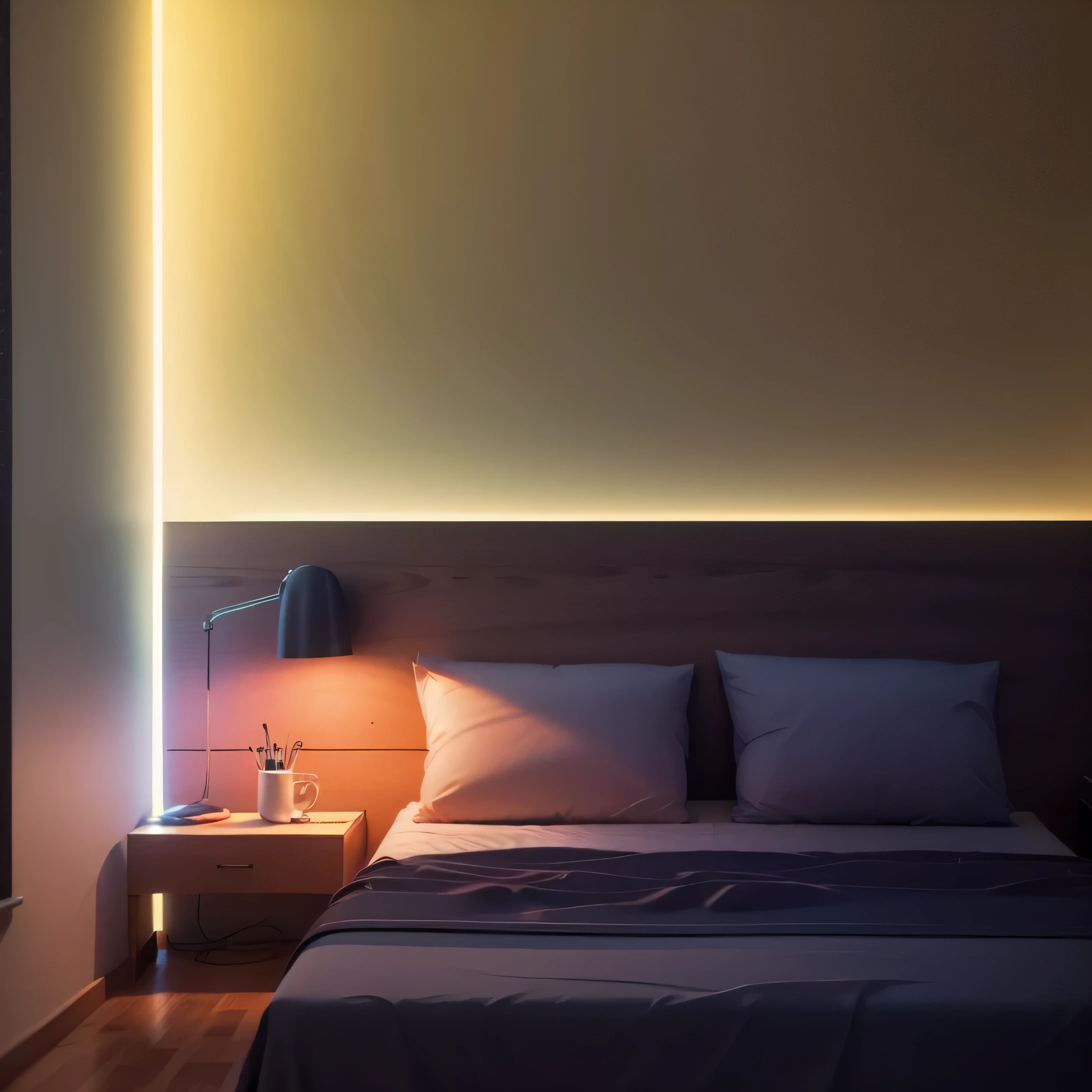 there is a bed with a white comforter and a night stand, soft neon lighting, soft calm warm neon atmosphere, dramatic low-key neon lighting, neon ambient lighting, dreamy soft neon lights, well lit 3 d render, bright ambient lighting, room lighting, warm ambient lighting, warm ambient light, soft neon atmosphere, complementary lighting, soft ambient lighting