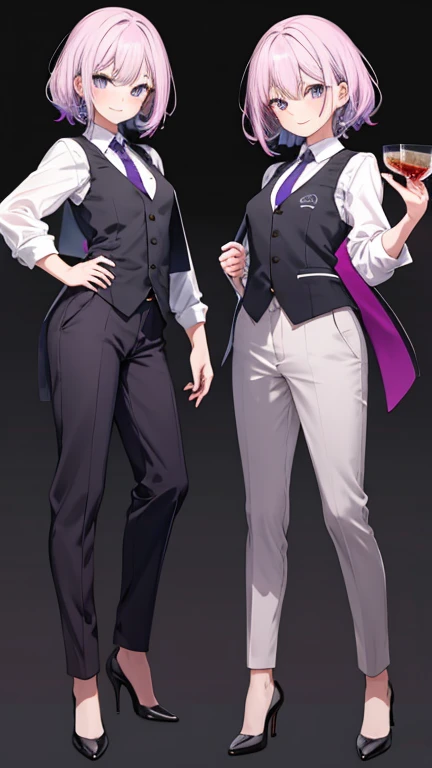 Purple,High cut layered hair,woman,bartender,vest,shirt,tie,pants,high heels,all,simple background,smile,whole body,full body,full body,Standing picture,vtuber,front,from front,viewer&#39;point of view,視線をfrontに,