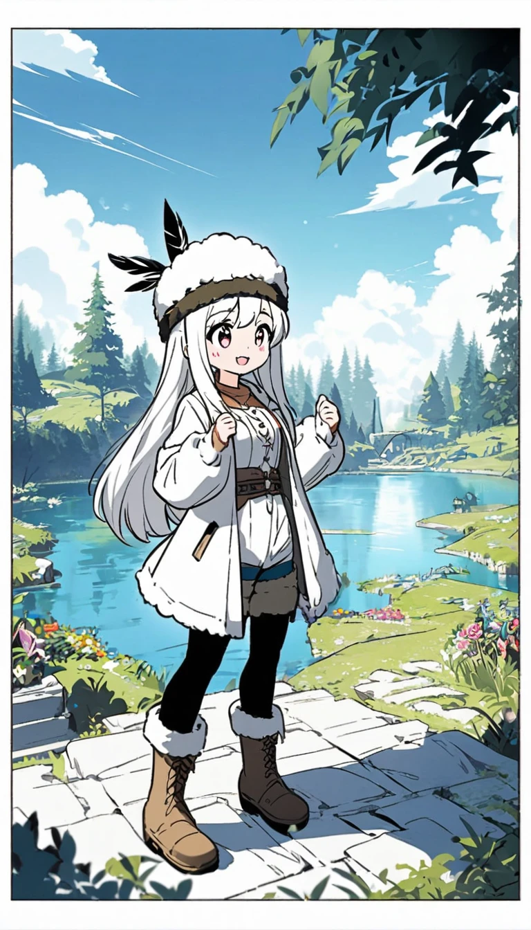 Anime line drawing, black and white art, Cute Q version girl, Fengshin, long hair, medium breasts, happy, feather embellished hat, coat, (fantasy:1.1) (middle Ages:1.1) (pantyhose:1.1), shirt, shorts, Wool boots, enchanted forest, flowers, ancient ruins, lake, Sky, cloud