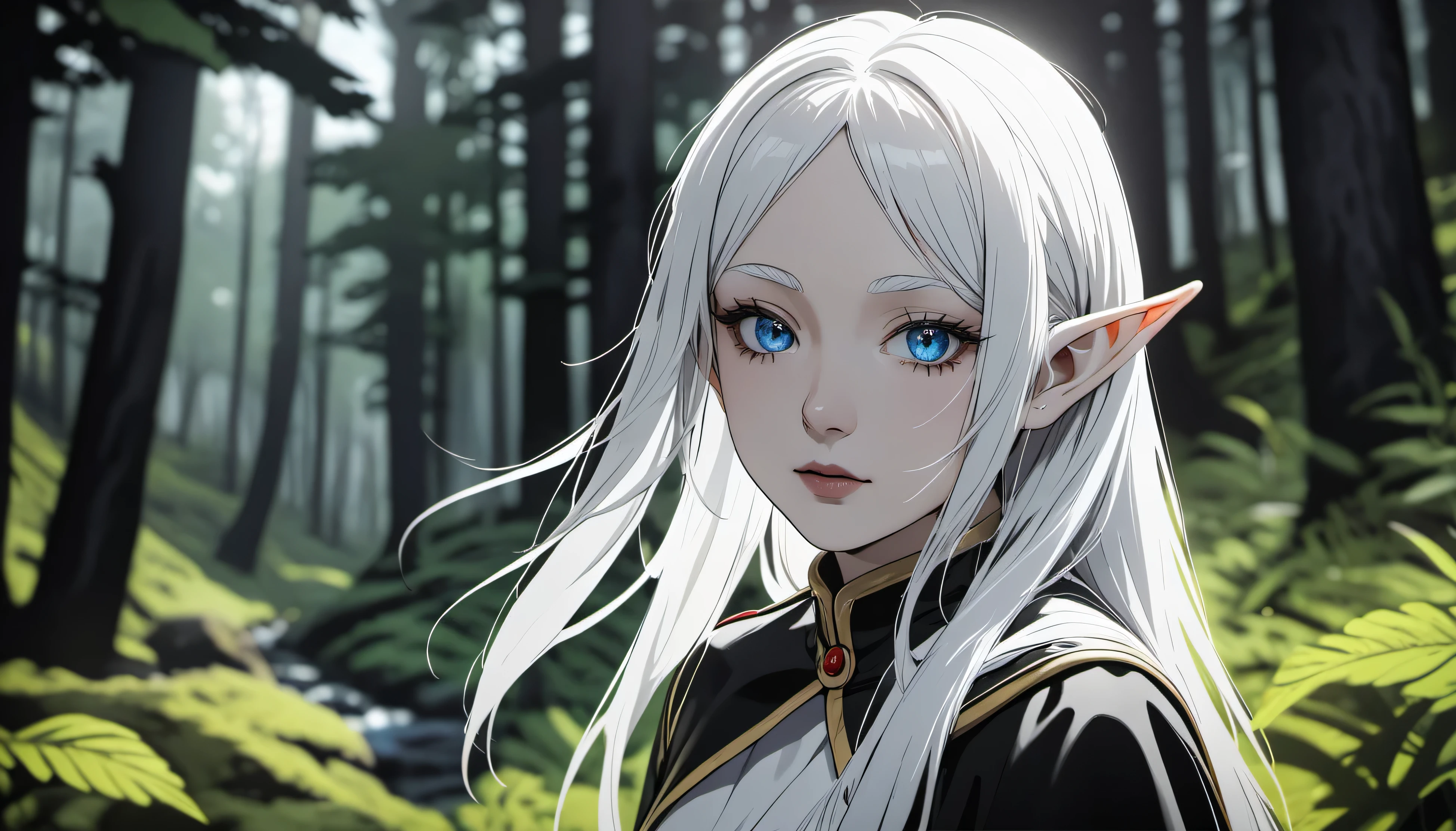 Frieren, Frieren and the Journey to the Afterlife elf girl, flowing hair, white hair, forest, looking at viewer, detailed iris, detailed eyes, colors highly detailed, 8k, sharp, professional, clear, high contrast, high saturated, , vivid deep blacks, crystal clear, (focus eyes:, (forest background), simple background, blurry background, masterpiece, best quality
