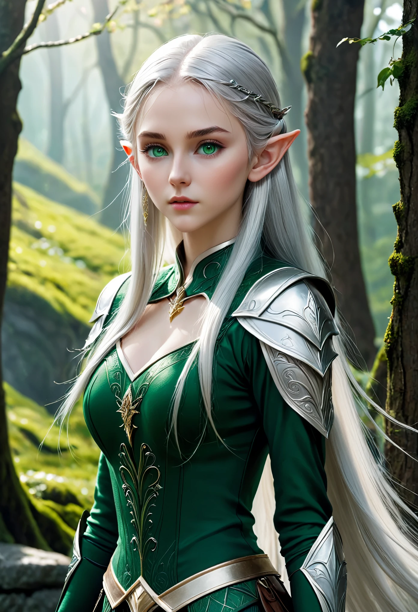 (master piece), 8k, best quality, panoramic view, full body view, Elf, young, 17 years old, with slightly flushed white skin, subtly contrasting with her long, silver hair. Her body was slender and athletic, with a height of 168cm that gave her a natural elegance. Her green eyes, conservative detailed warrior outfit, she is apprehensive, desperate.