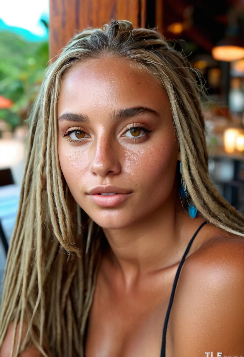 Supermodel, Brazilian, tanned, brown eyes, long dark blonde hair, beautiful , natural beauty, no makeup, model, 4K, realistic, natural, textured skin, freckles on nose, she is sitting in a restaurant with hot tanned man, the man dreadlocks, realistic eyes