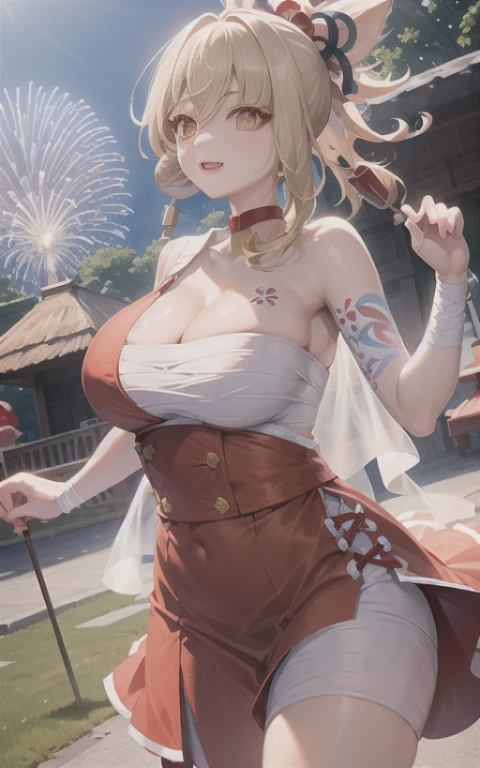 1 girl, red wedding dress, White suspenders, amusement park, beautiful breasts、huge breasts:1.4，plump breasts, blink, ultra high definition, Ultra-detailed