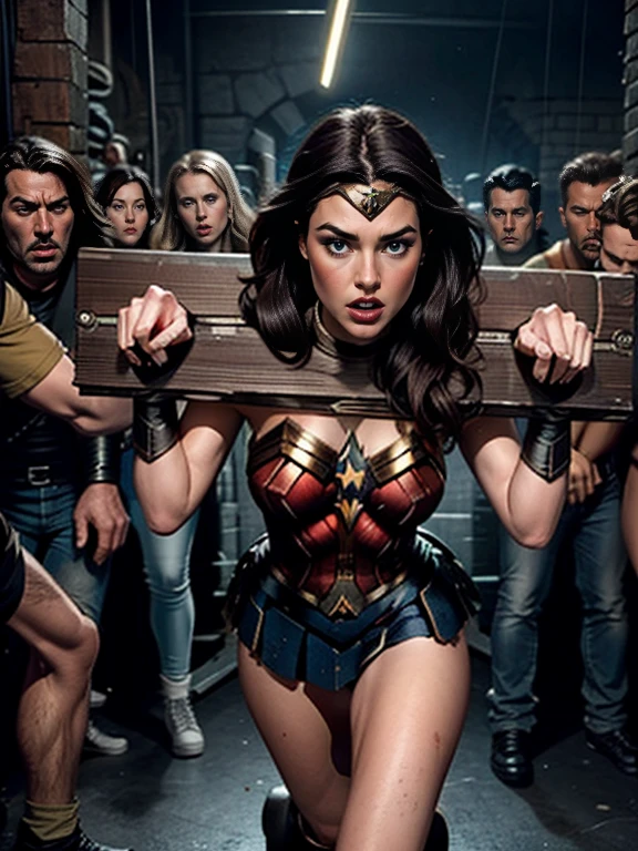 Foto hiperrealista en primer plano de Willa Fitzgerald, Create dystopian masterpiece, beautiful woman, (wonder woman costume) , long hair, detailed face, ((fear)), photo taken from a distance, (((violent men:1.2))), (((restrained and pilloried by the crowd:1.2))), (((serious))), (((tears running along her cheeks))), (pillory), (((head and hands stuck in pillory))), (((fear))), (((crowded dark basement place)))